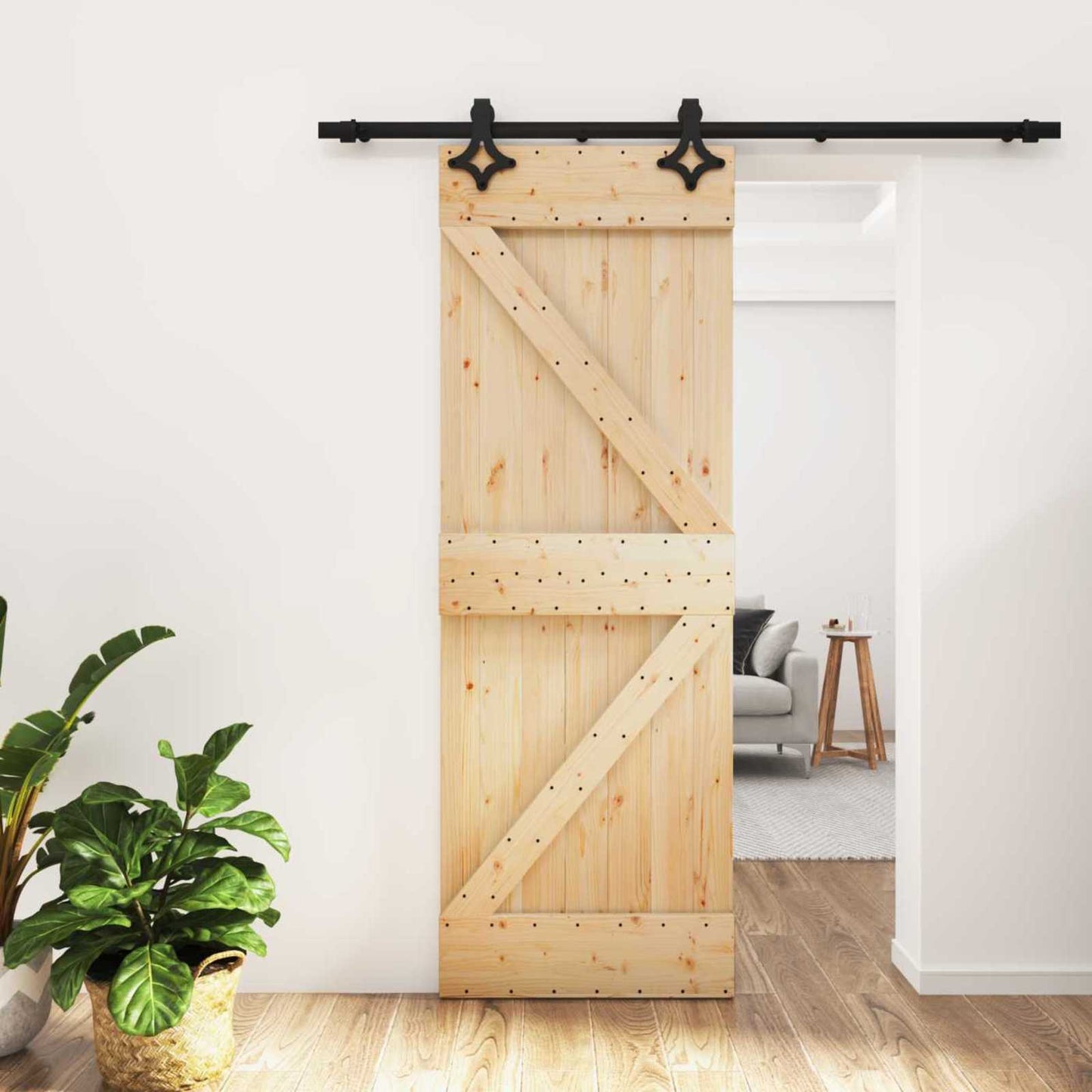 Skydedør Naturfarvet og sort 70 x 210 cm Massivt Fyrretræ