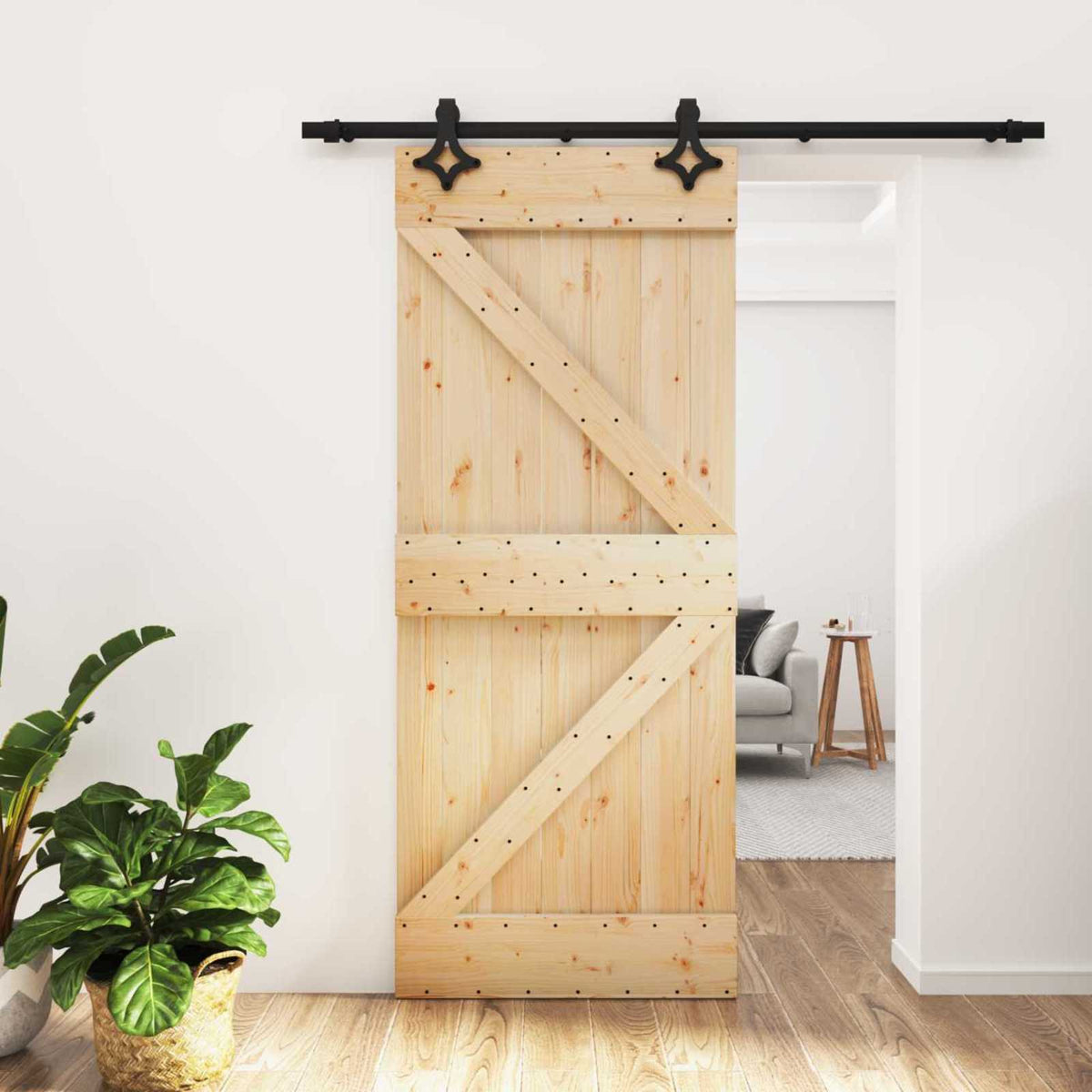 Skydedør Naturfarvet og sort 85 x 210 cm Massivt Fyrretræ