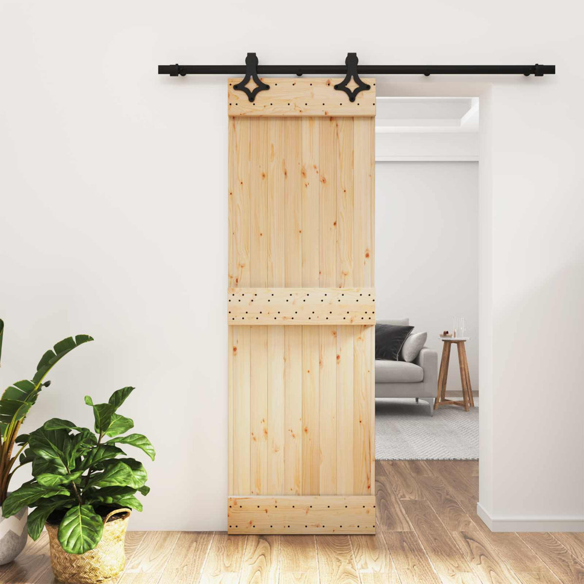 Skydedør Naturfarvet og sort 70 x 210 cm Massivt Fyrretræ