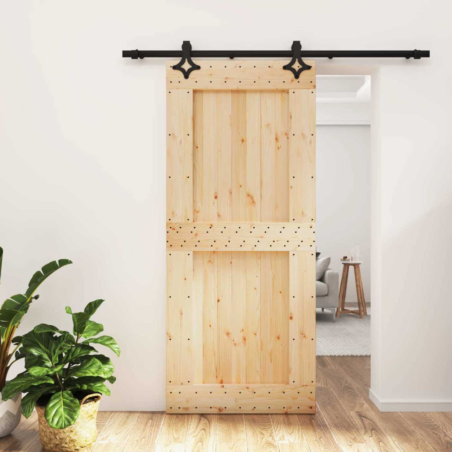 Skydedør Naturfarvet og sort 90 x 210 cm Massivt Fyrretræ