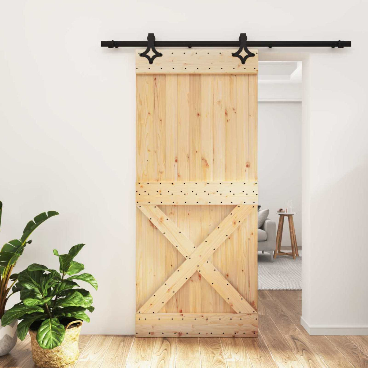 Skydedør Naturfarvet og sort 90 x 210 cm Massivt Fyrretræ