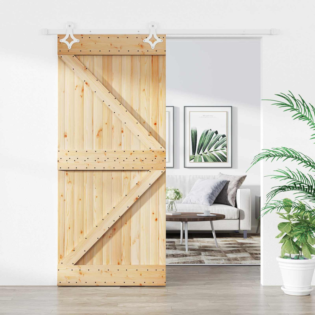 Skydedør 90 x 210 cm Massivt fyrretræ Natur og hvid