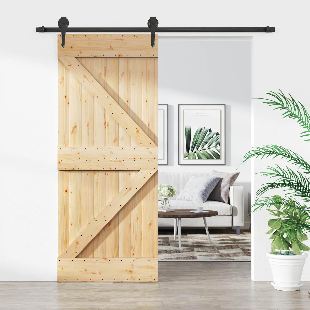 Skydedør Naturfarvet og sort 85 x 210 cm Massivt Fyrretræ
