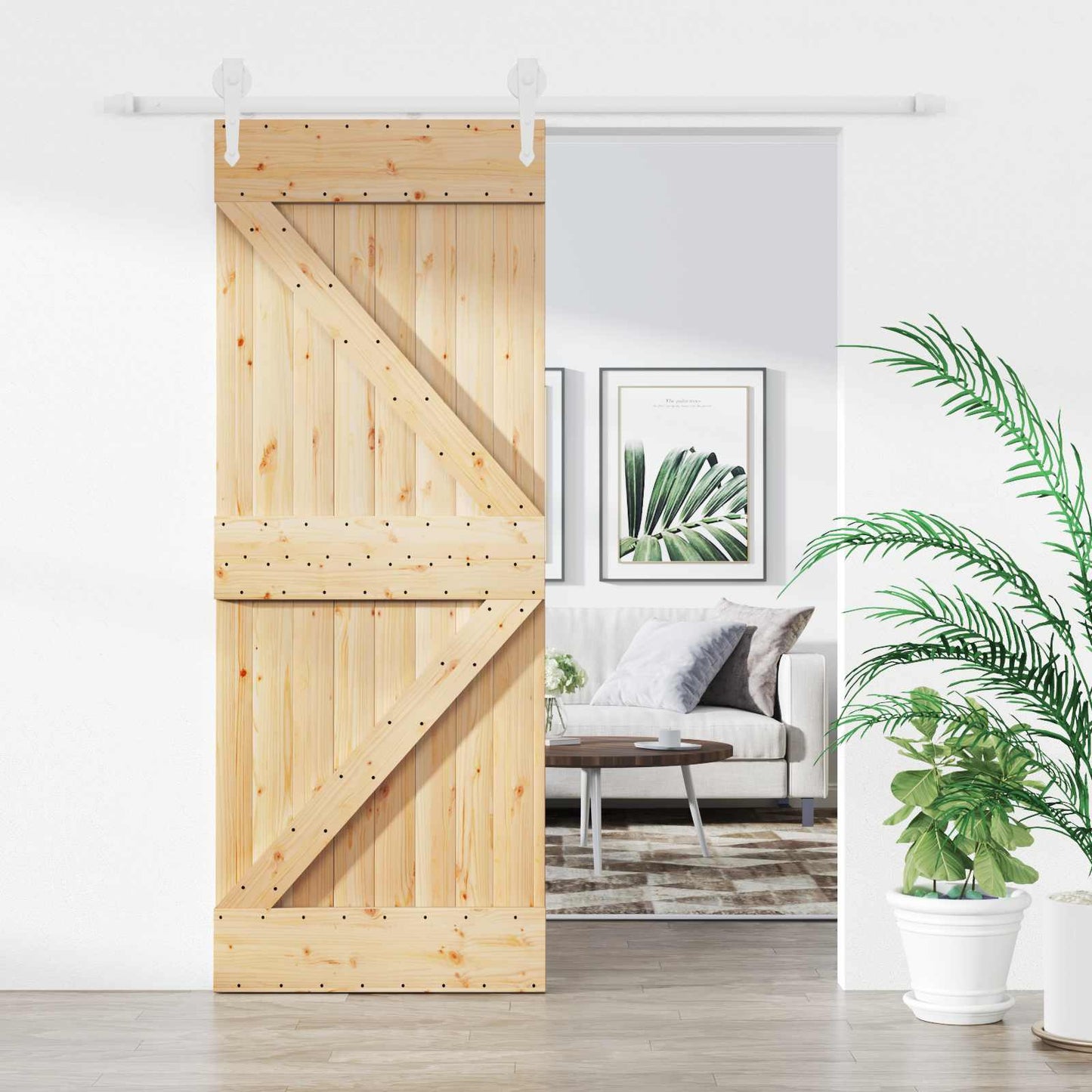 Skydedør 80 x 210 cm Massivt fyrretræ Natur og hvid