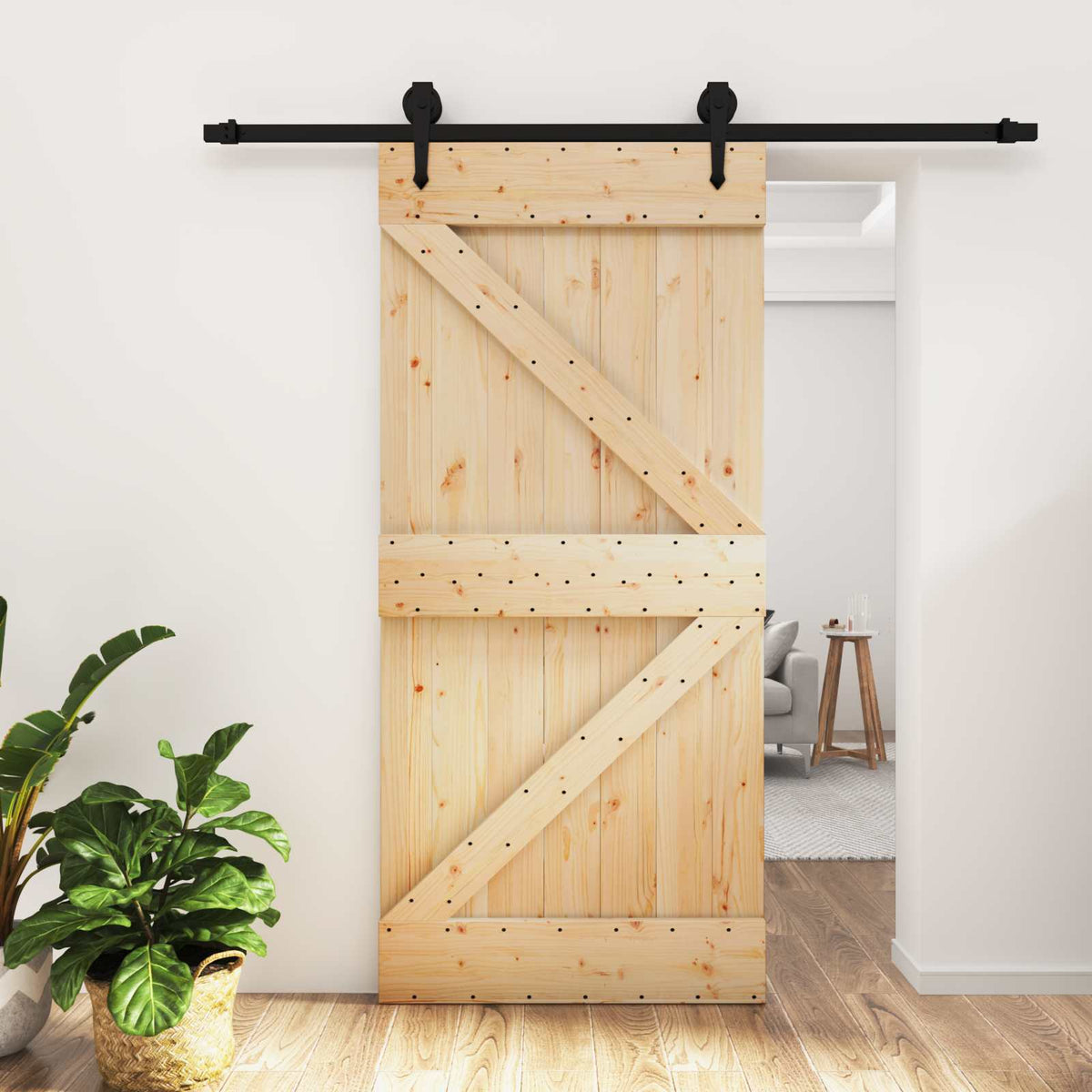 Skydedør Naturfarvet og sort 95 x 210 cm Massivt Fyrretræ