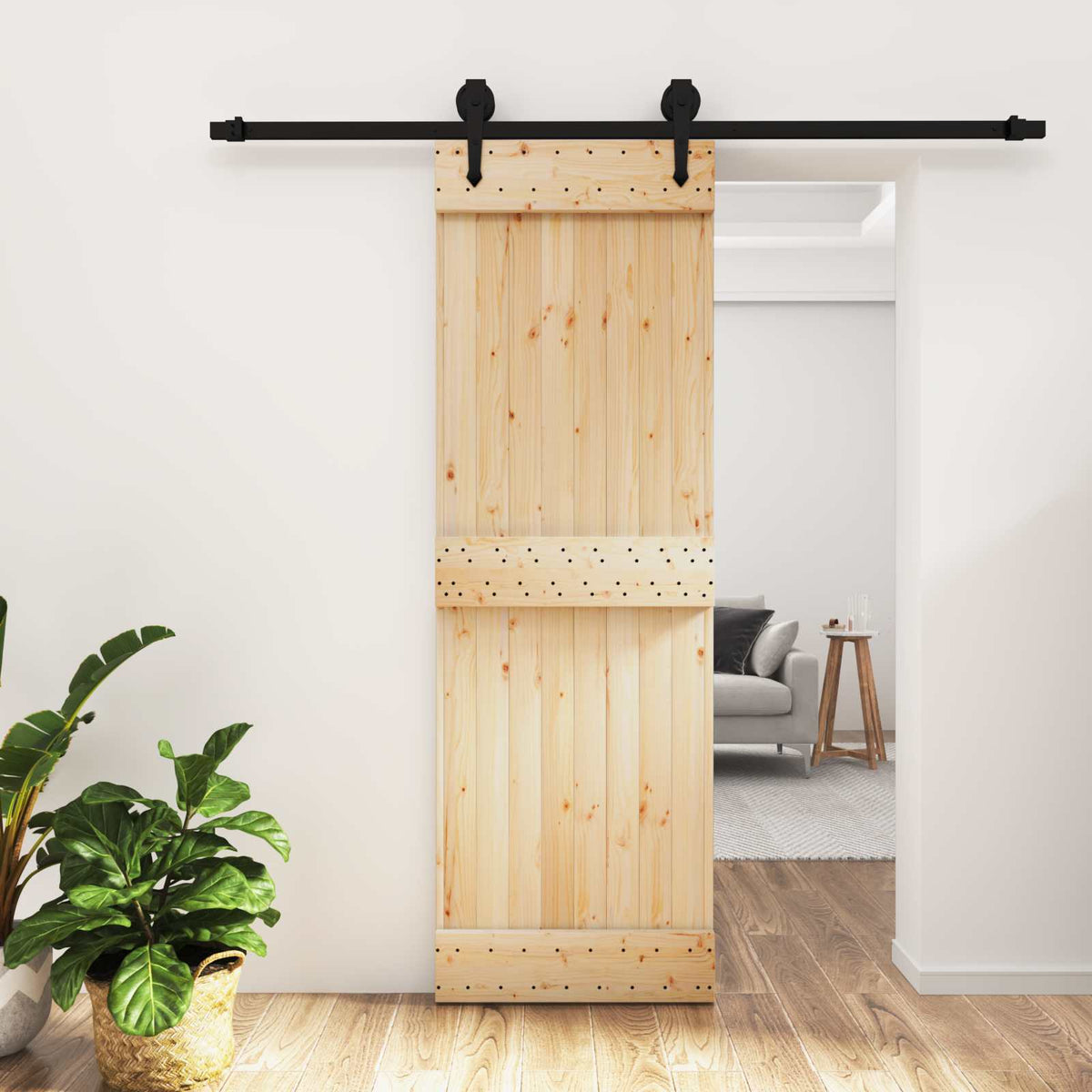 Skydedør Naturfarvet og sort 70 x 210 cm Massivt Fyrretræ