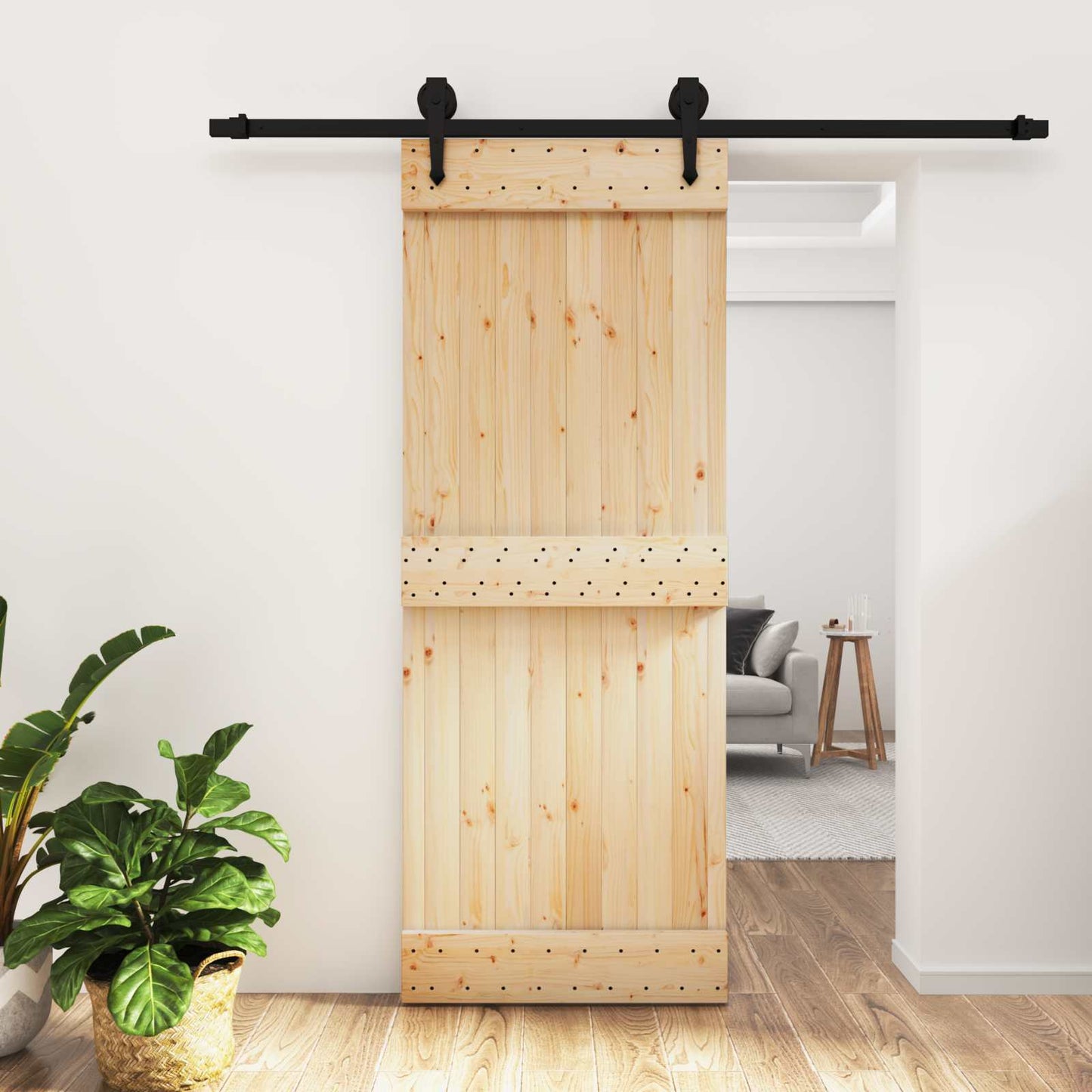 Skydedør Naturfarvet og sort 80 x 210 cm Massivt Fyrretræ