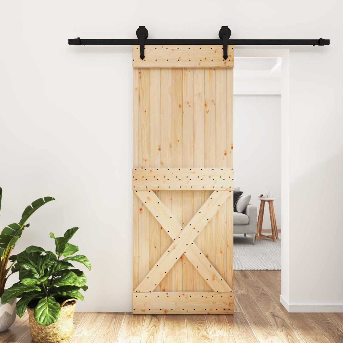 Skydedør Naturfarvet og sort 80 x 210 cm Massivt Fyrretræ