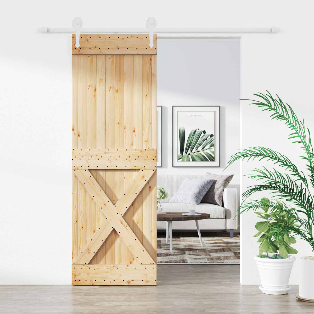 Skydedør 80 x 210 cm Massivt fyrretræ Natur og hvid