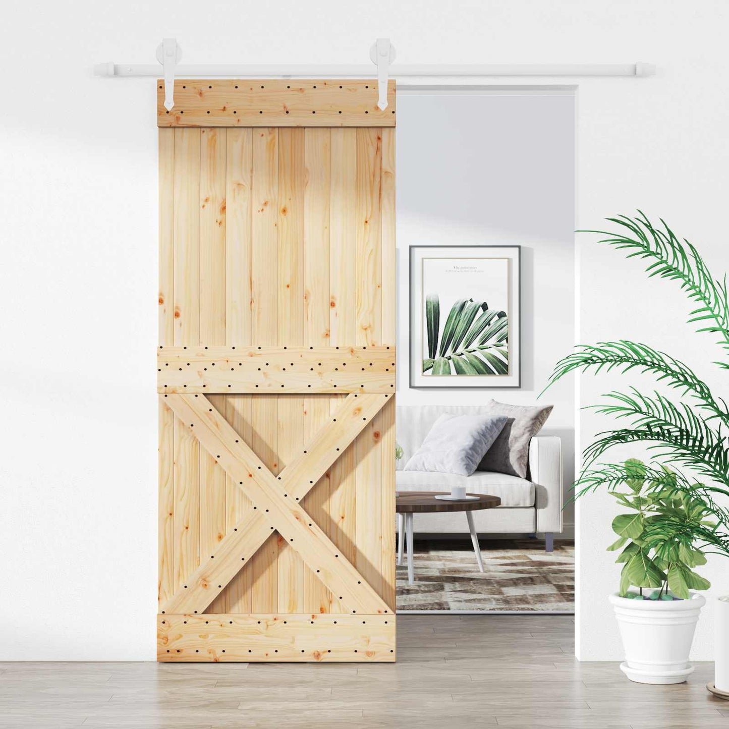 Skydedør 100 x 210 cm Massivt fyrretræ Natur og hvid