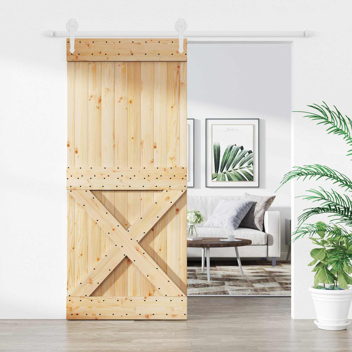 Skydedør Natur og hvid 90 x 210 cm Massivt Fyrretræ