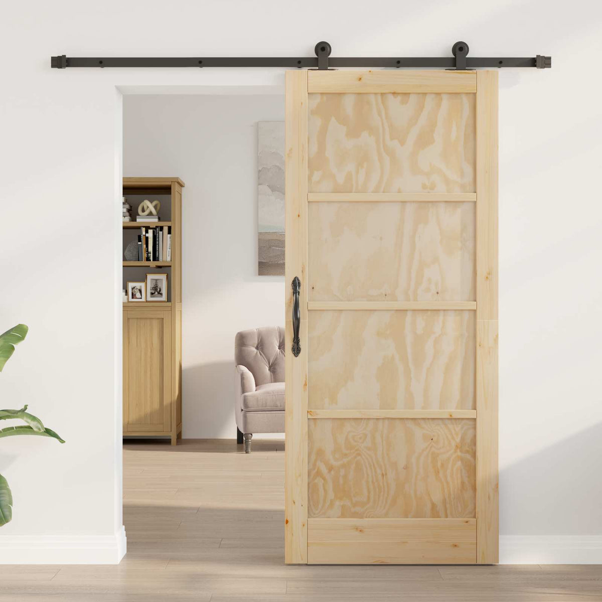 Skydedør Naturfarvet og sort 86 x 198,5 cm Massivt fyrretræ