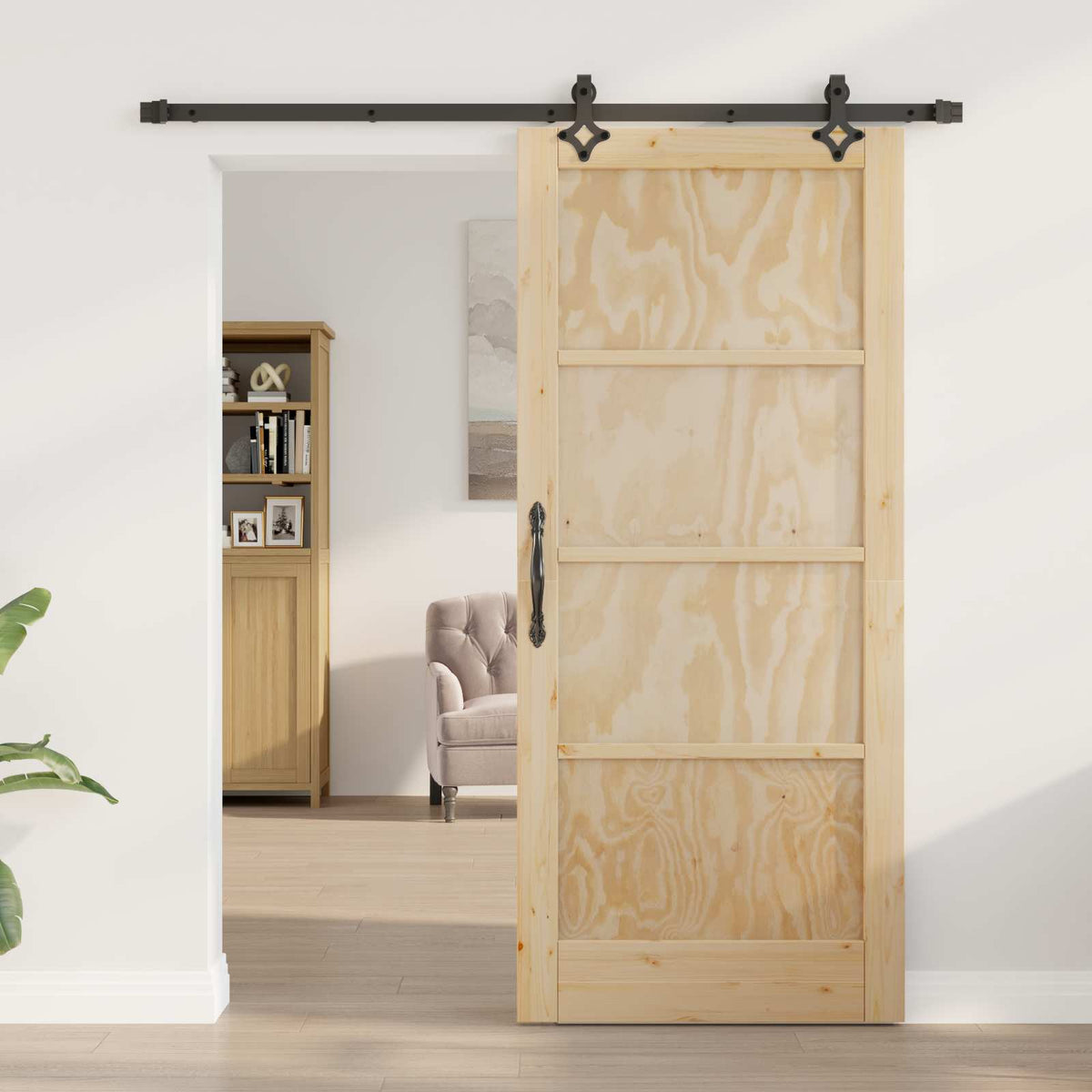 Skydedør Naturfarvet og sort 86 x 198,5 cm Massivt fyrretræ