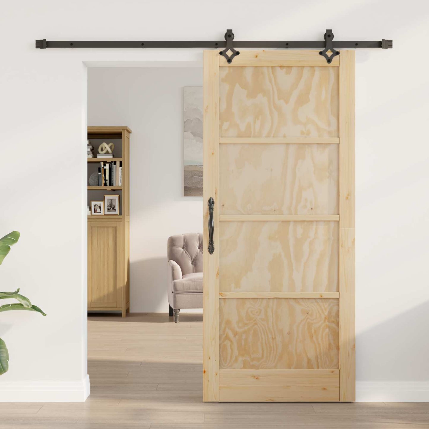 Skydedør Naturfarvet og sort 86 x 198,5 cm Massivt fyrretræ