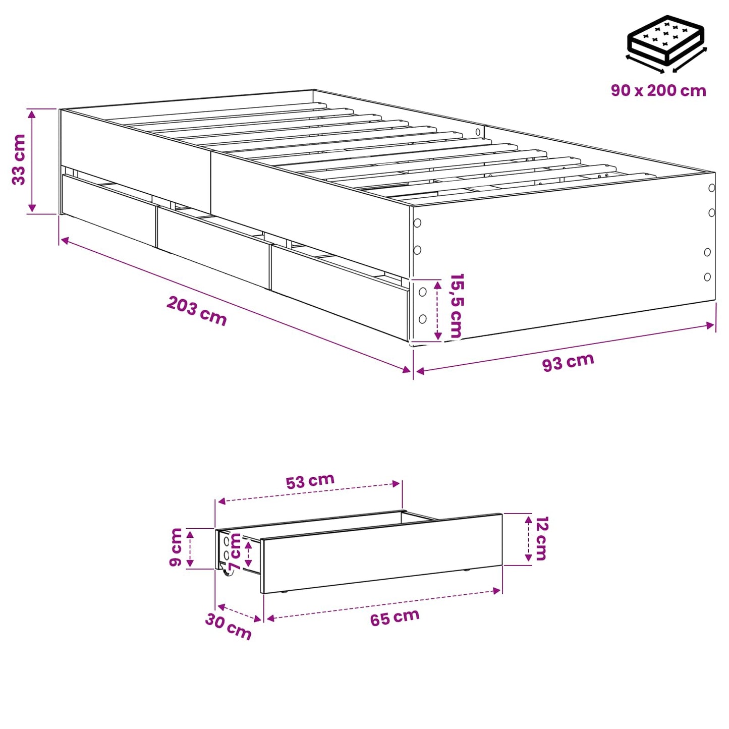Sengestel med opbevaring Artisan-eg 90 x 200 cm Konstrueret træ