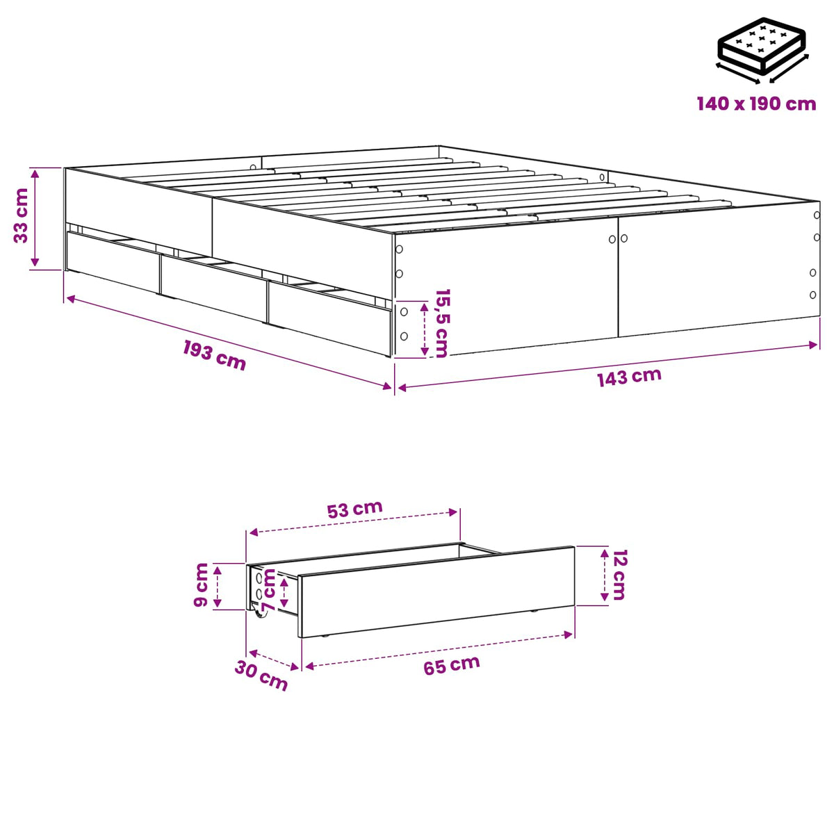 Sengestel med opbevaring Artisan-eg 140 x 190 cm