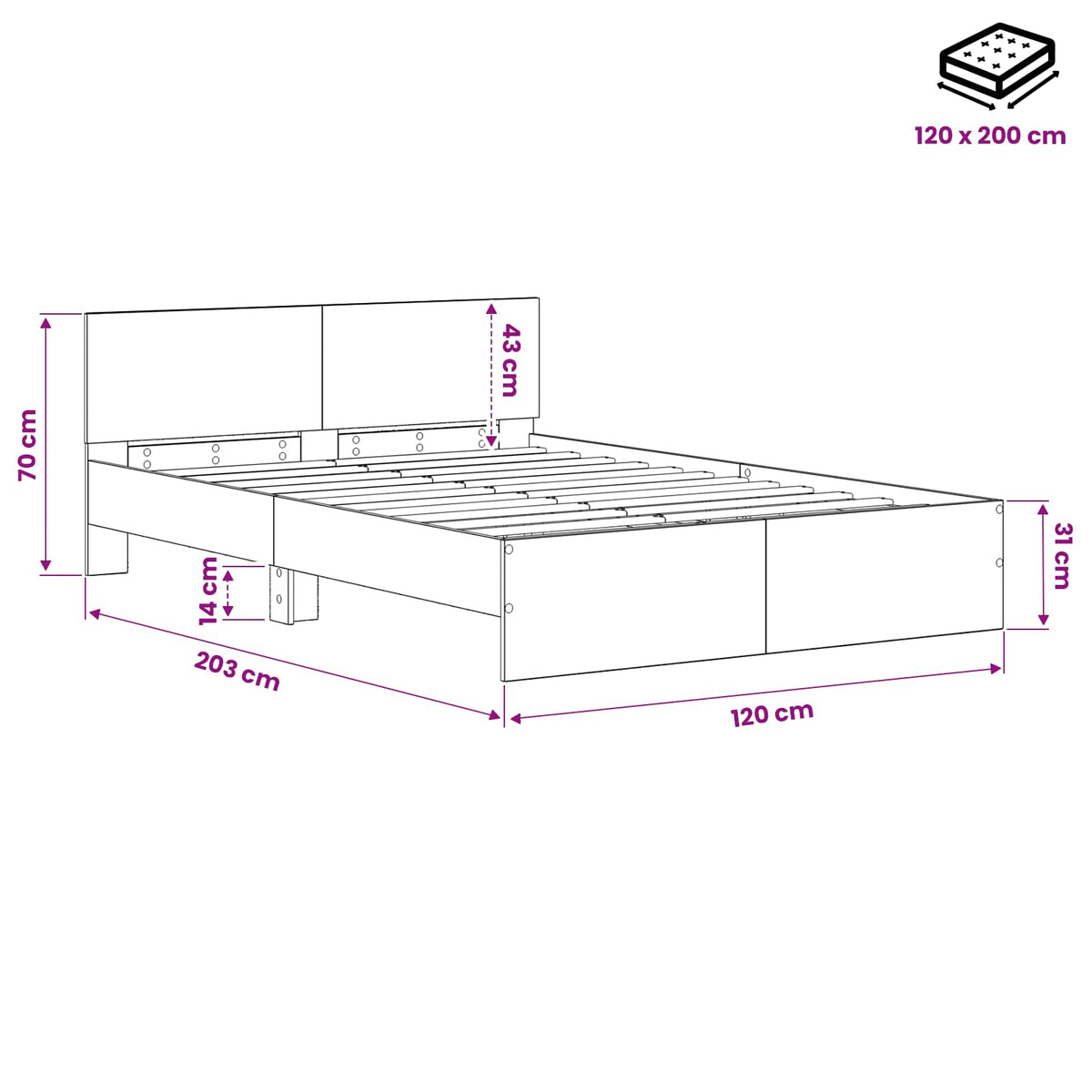 Sengeramme med sengegavl Sort eg 120 x 200 cm Konstrueret træ