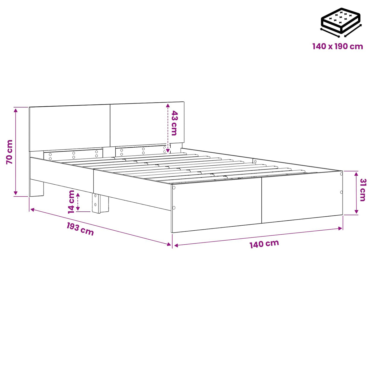Sengestel med hovedgærde Sort eg 135 x 190 cm Konstrueret træ