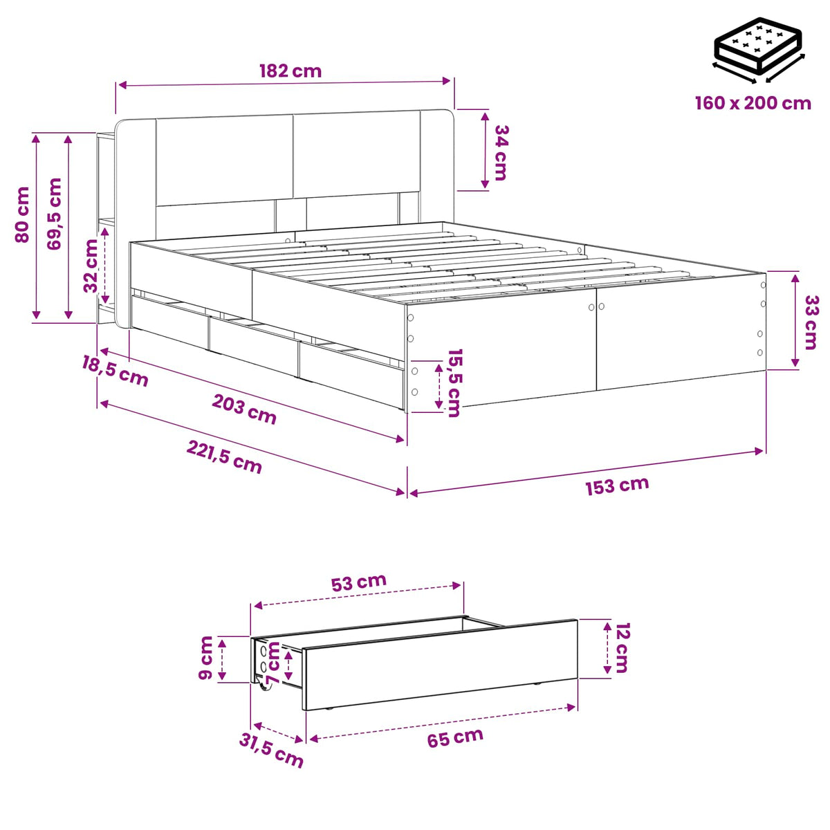 Sengestel med opbevaring og hovedgærde Artisan-eg 150 x 200 cm