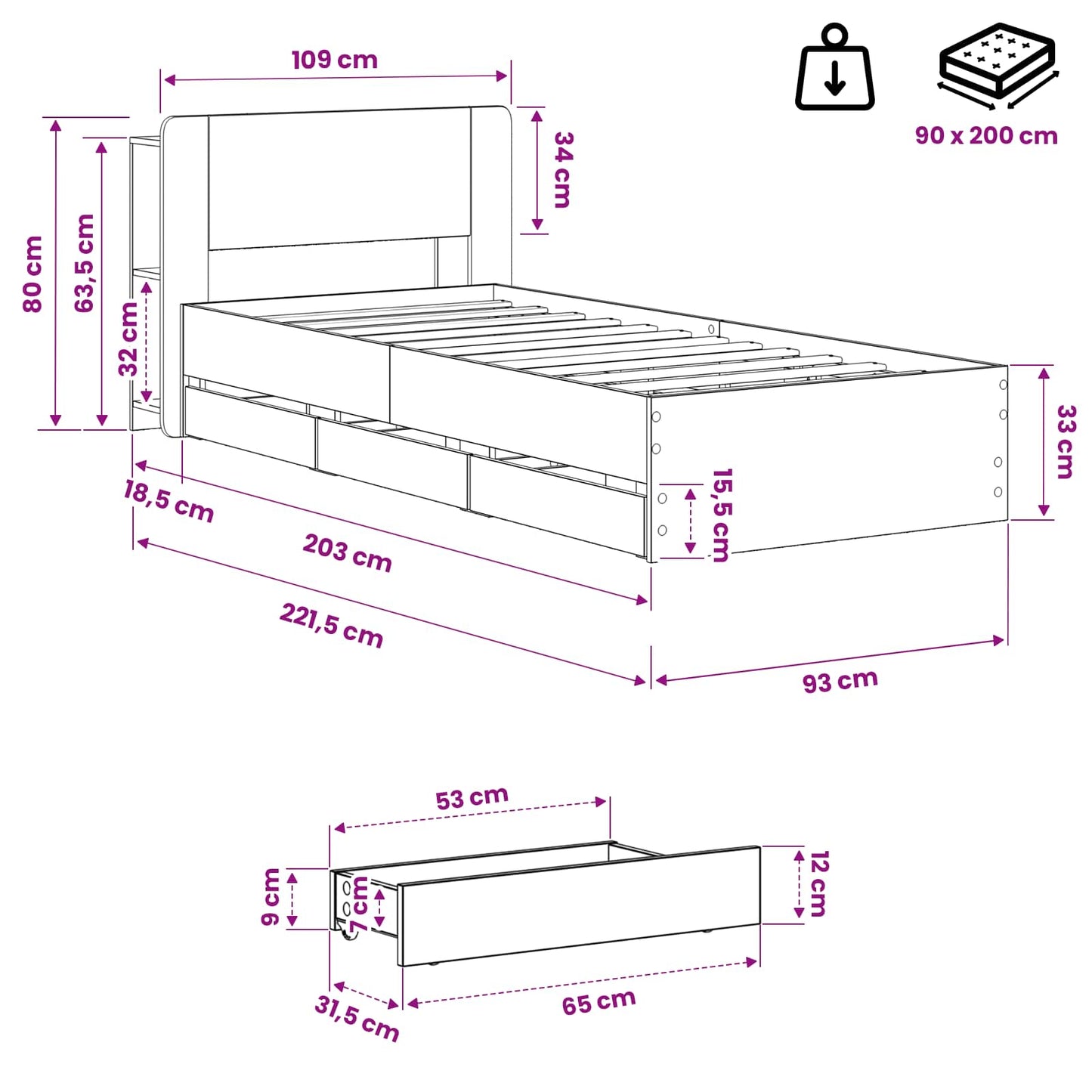 Sengestel med opbevaring og hovedgærde Artisan-eg 90 x 200 cm
