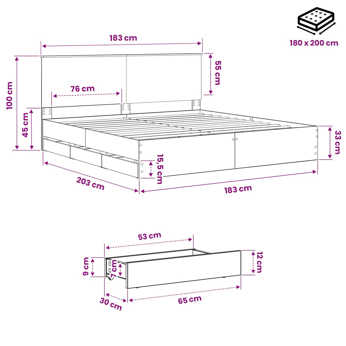 Bed Frame with Storage and Headboard Artisan Oak 180 x 200 cm