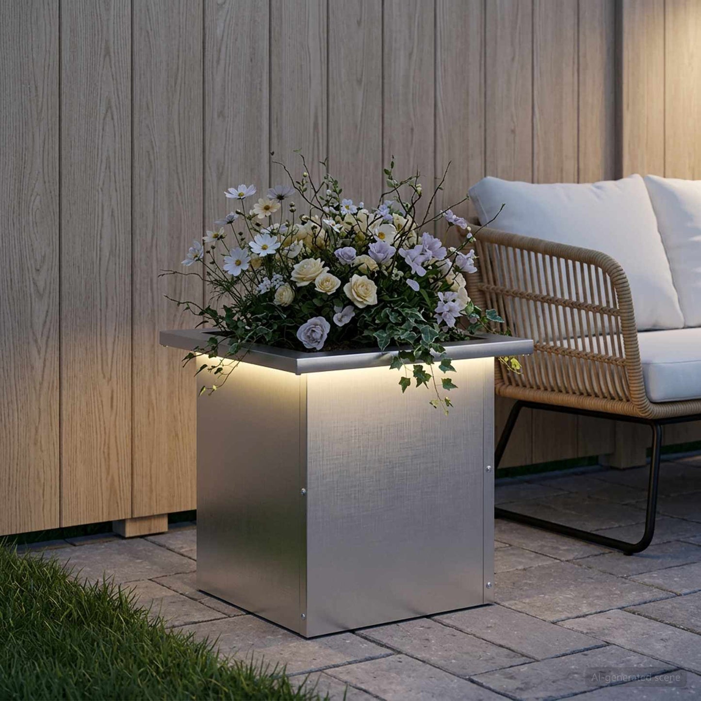 Plantekasse med LED Sølv 30 x 30 x 30 cm Rustfrit stål