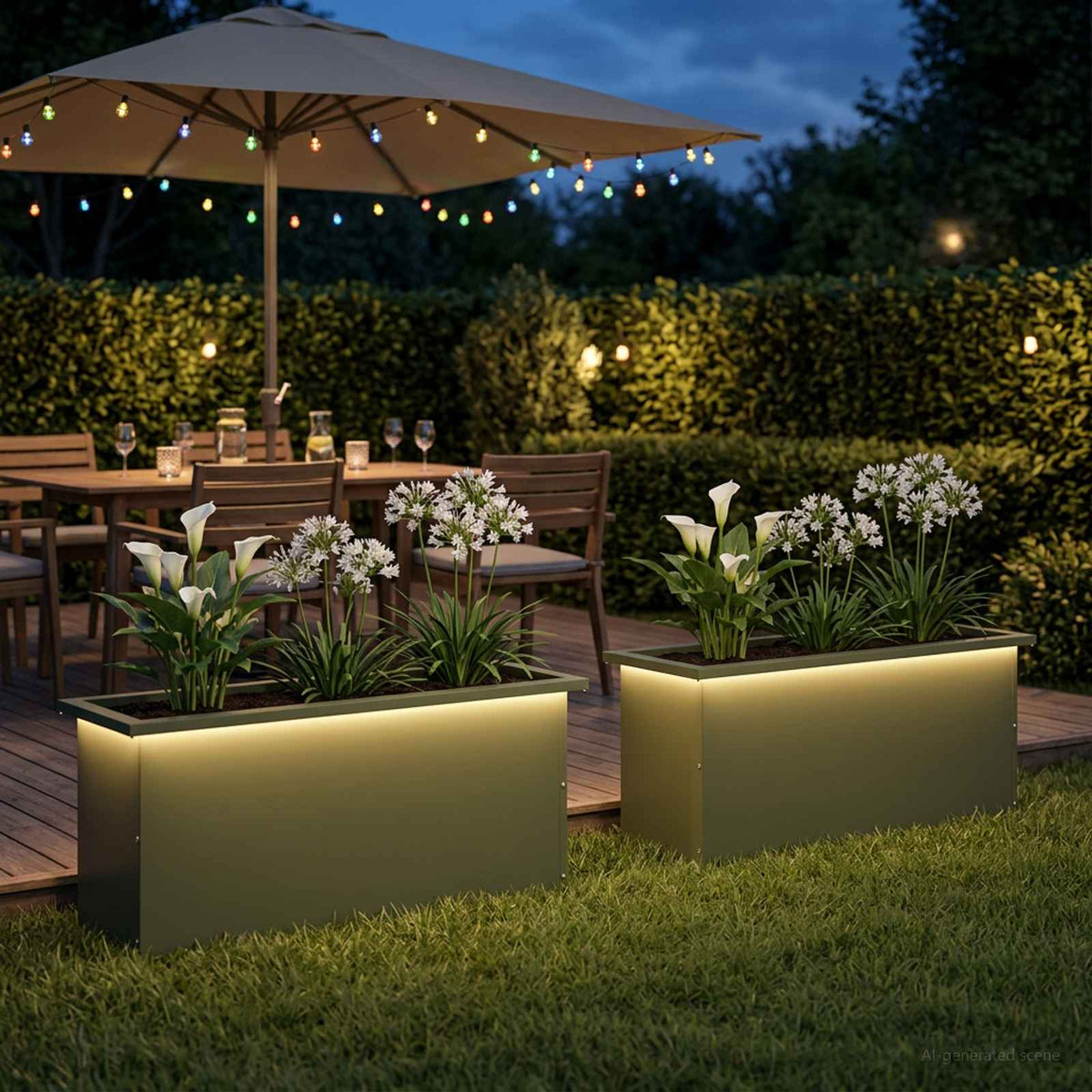 Plantekasse med LED 2 stk. Olivengrøn 30 × 100 × 30 cm Stål