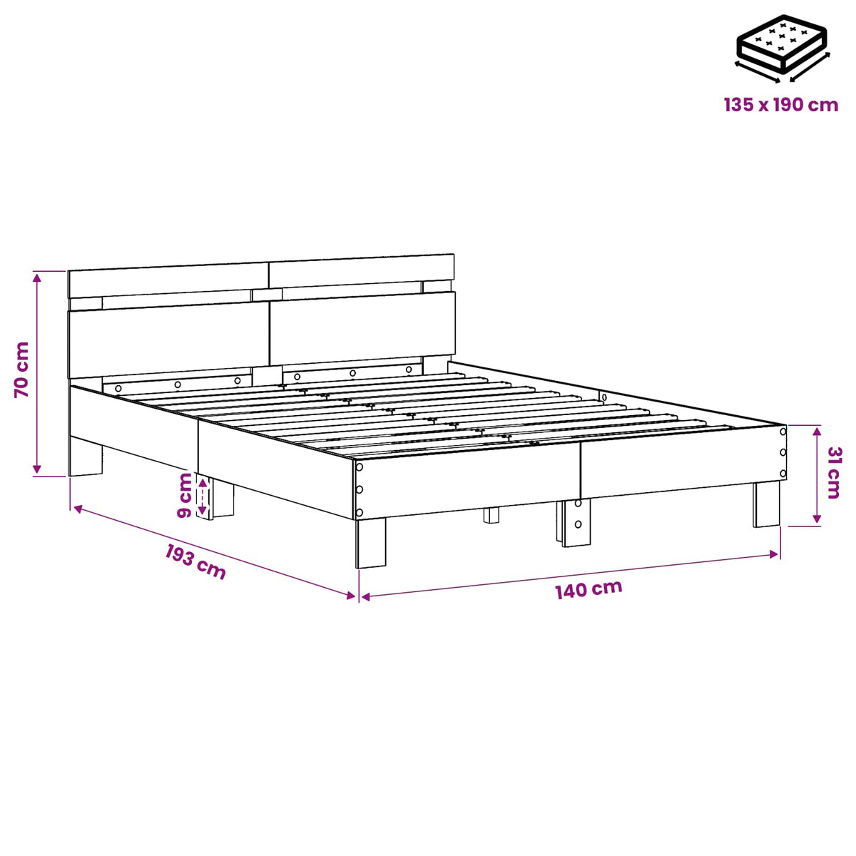 Sengestel Sort eg 135 x 190 cm Konstrueret træ