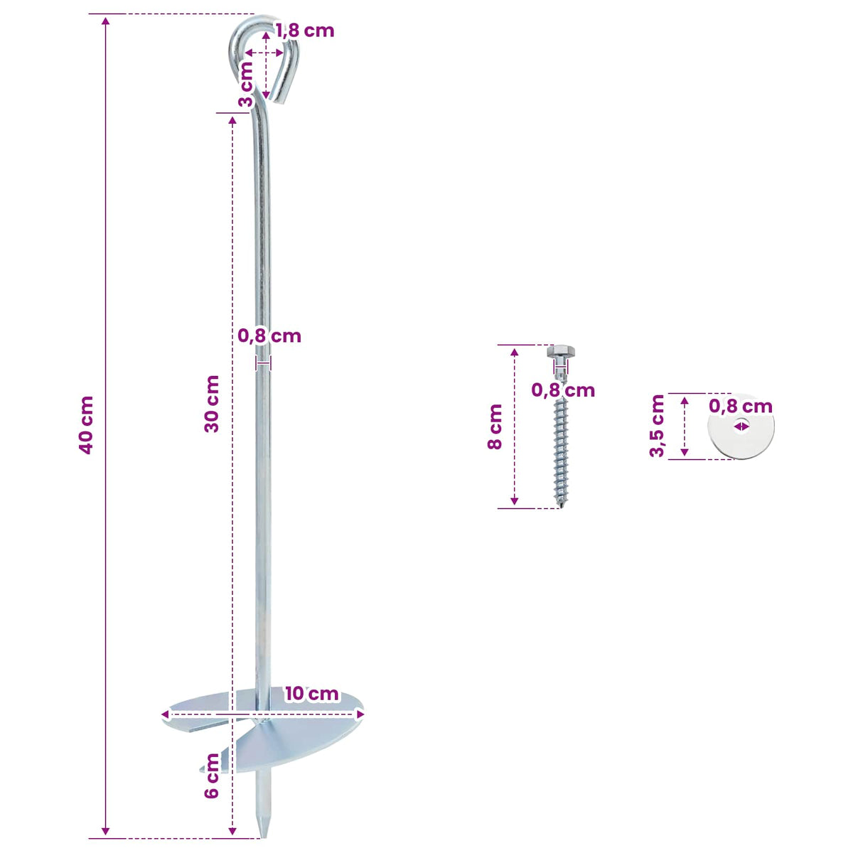 Jordanker 4 stk. Ø10 x 40 cm Galvaniseret metal Sølv