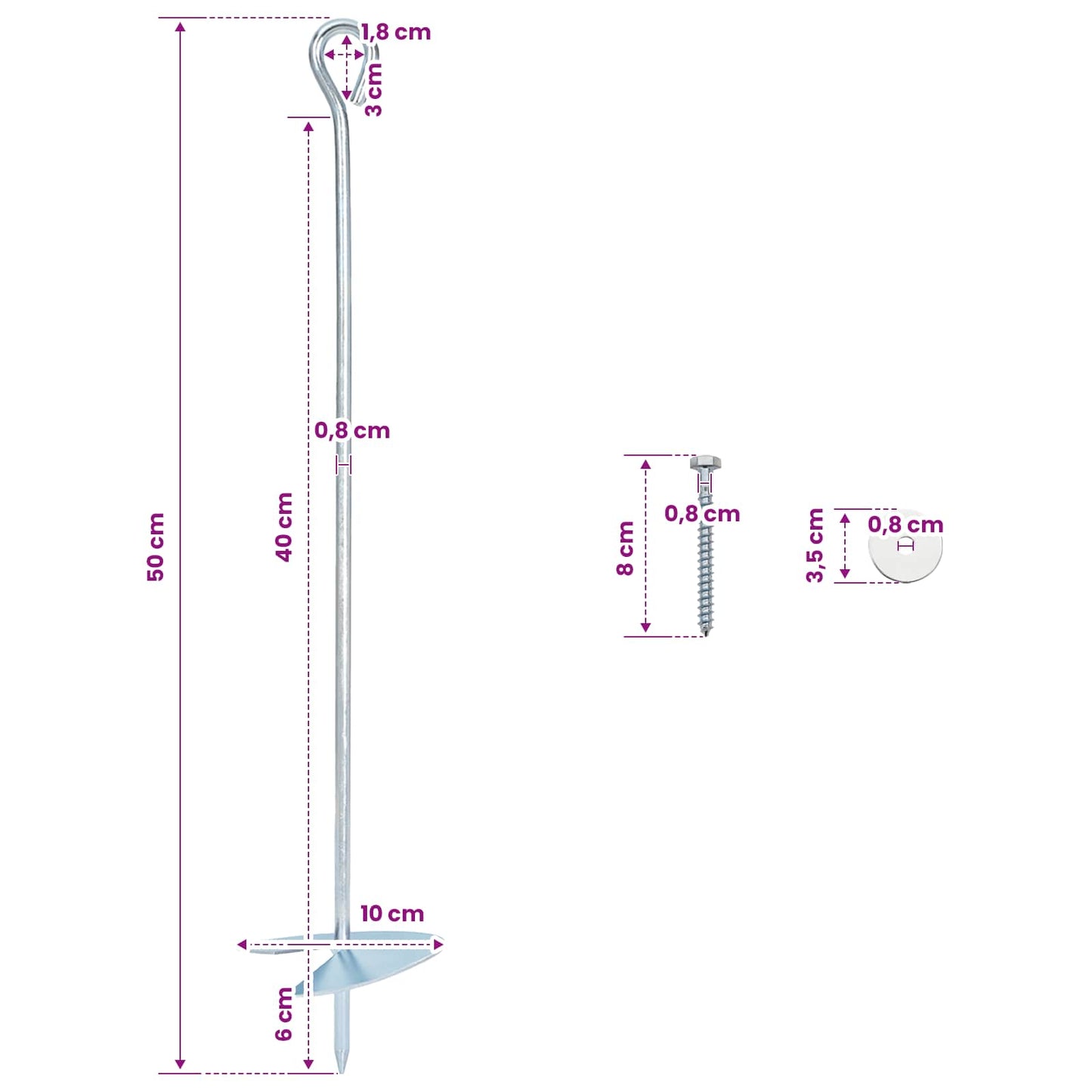 Jordanker 10 stk. Ø10 x 50 cm Galvaniseret metal Sølv