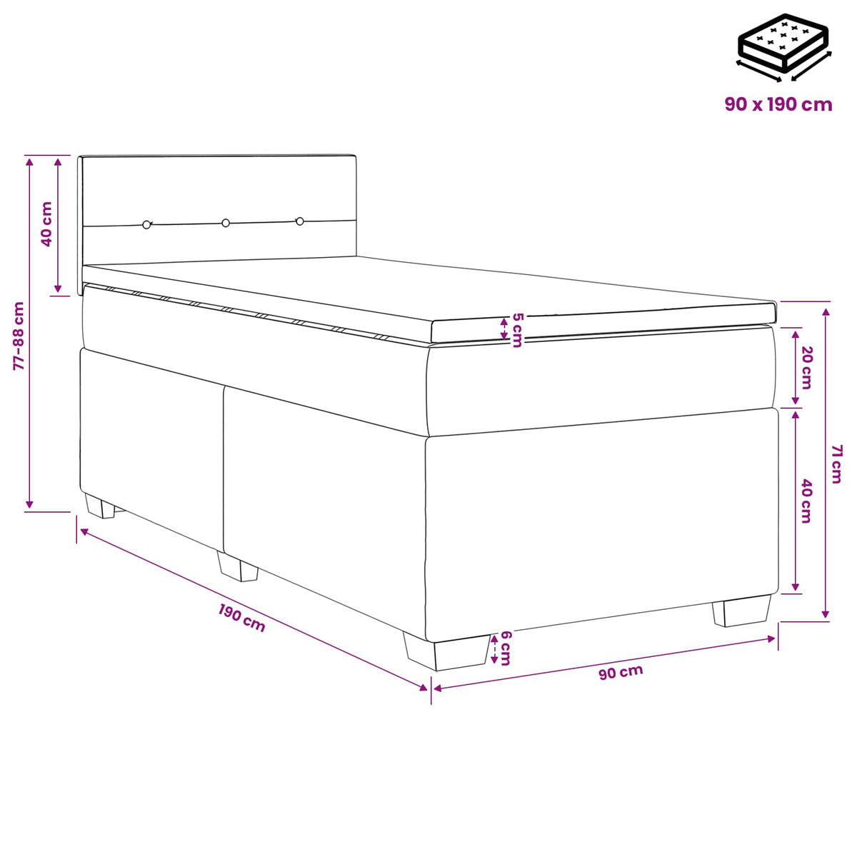 Boxmadras med topmadras med hovedgærde Gråbrun 90 x 190 cm Stof