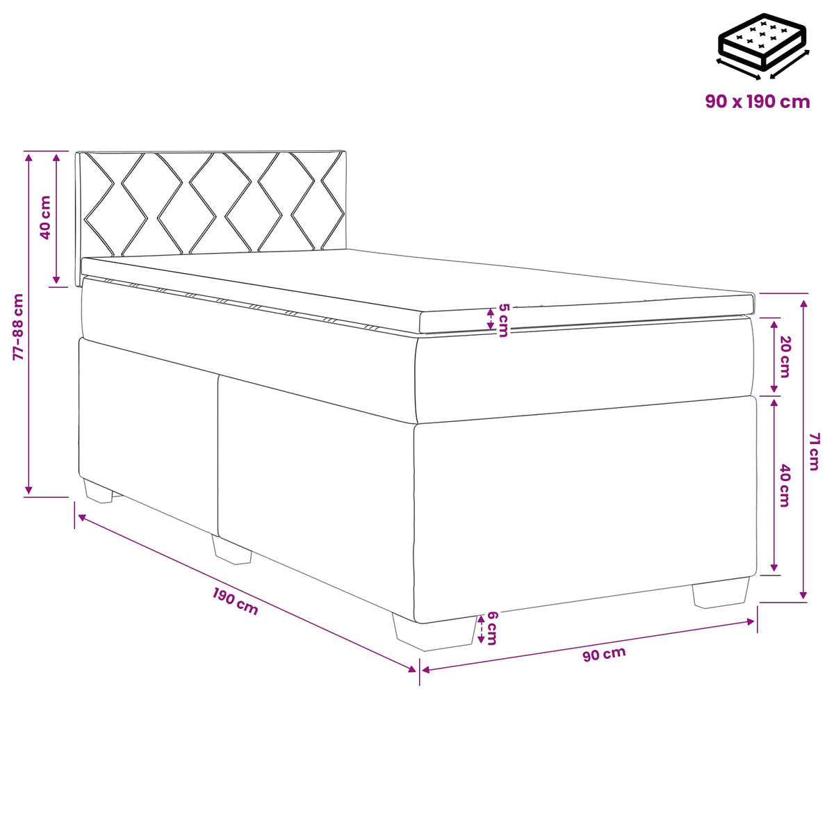 Boxmadras med topmadras med hovedgærde Lysegrå 90 x 190 cm Stof