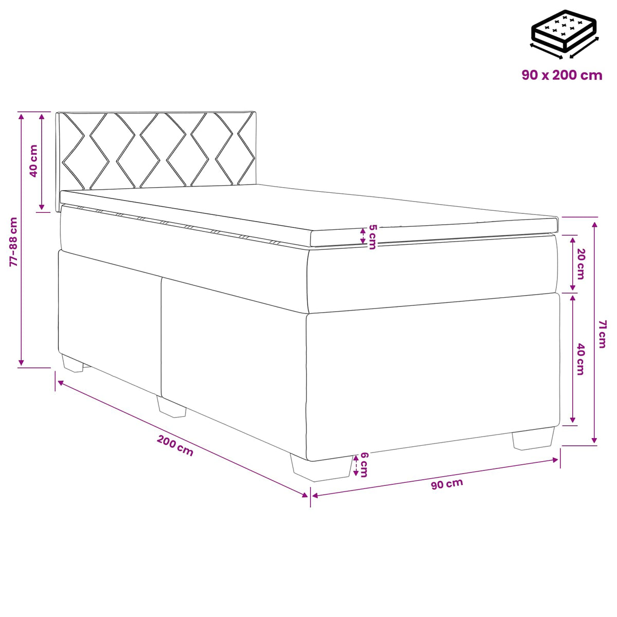 Boxmadras med topmadras med hovedgærde Blå 90 x 200 cm Stof