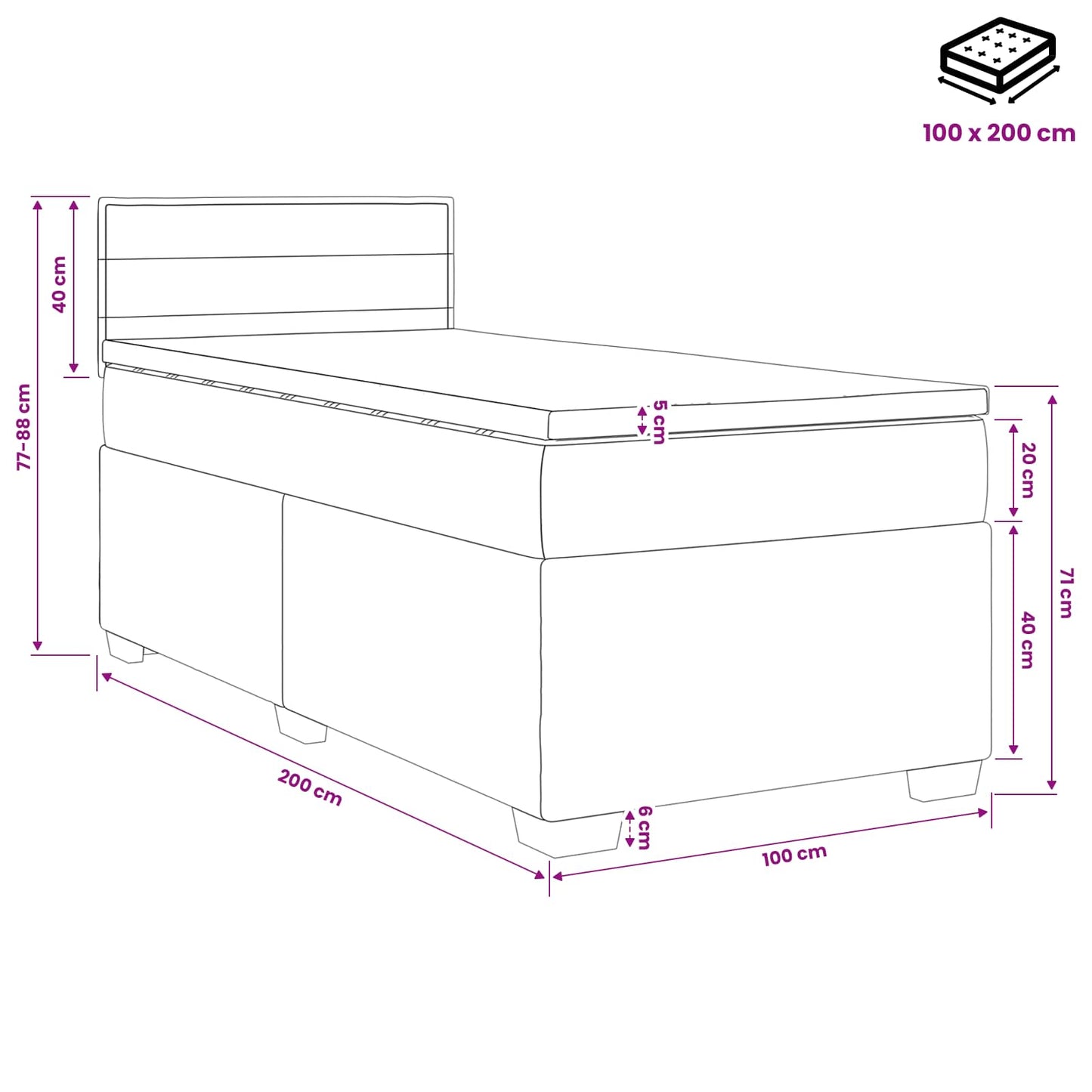 Boxmadras med topmadras med hovedgærde Sort 100 x 200 cm Stof