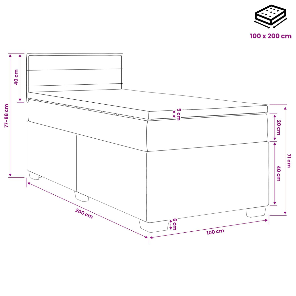 Boxmadras med topmadras med hovedgærde Blå 100 x 200 cm Stof