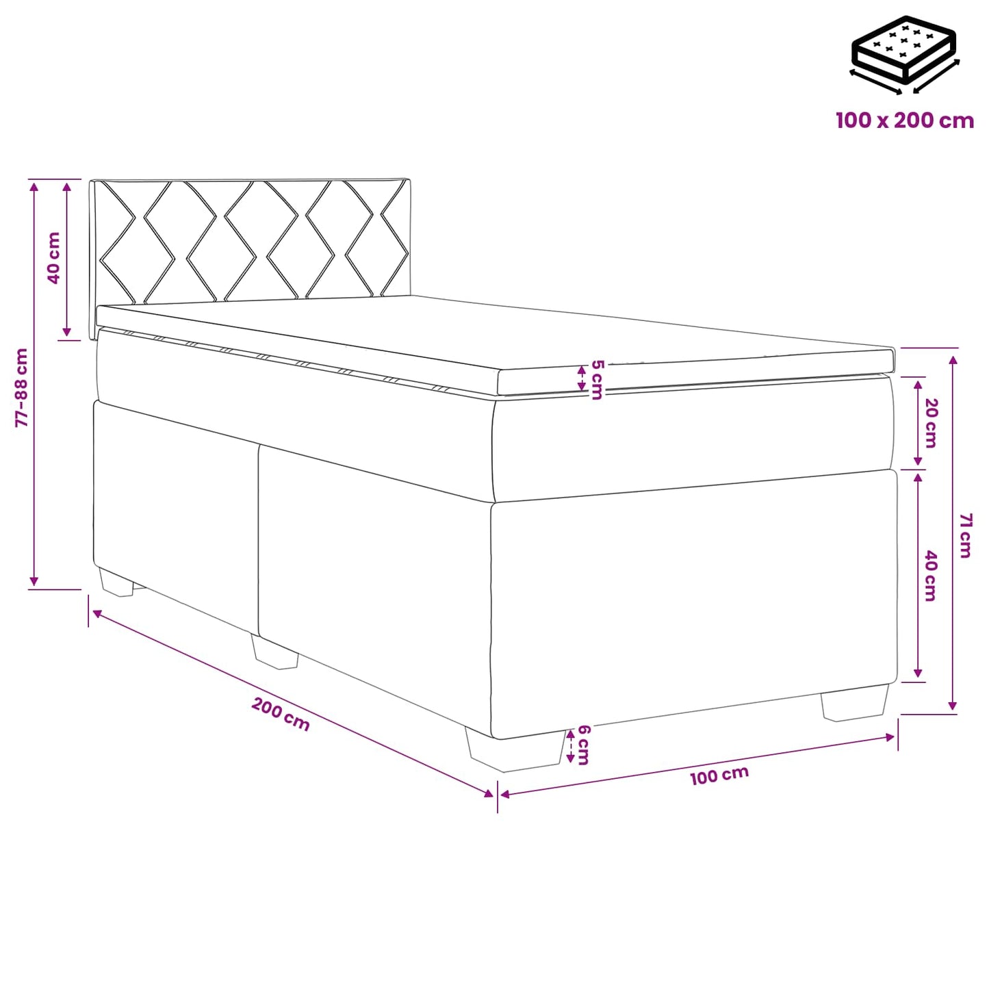 Boxmadras med topmadras med hovedgærde Sort 100 x 200 cm Stof