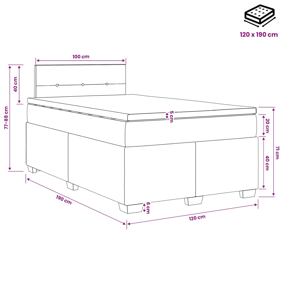 Boxmadras med topmadras Gråbrun 120 x 190 cm Stof