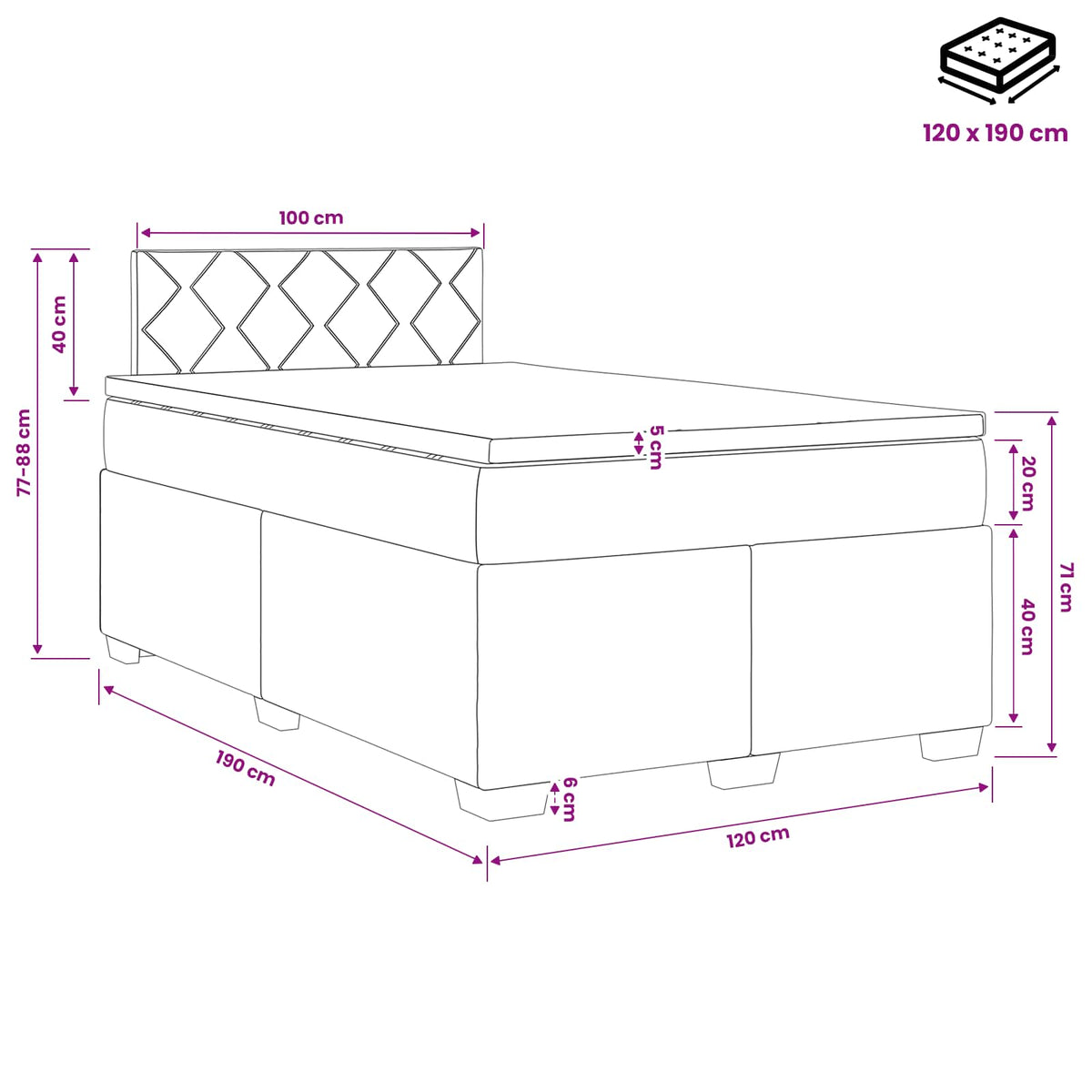 Boxmadras med topmadras Lysegrå 120 x 190 cm Stof