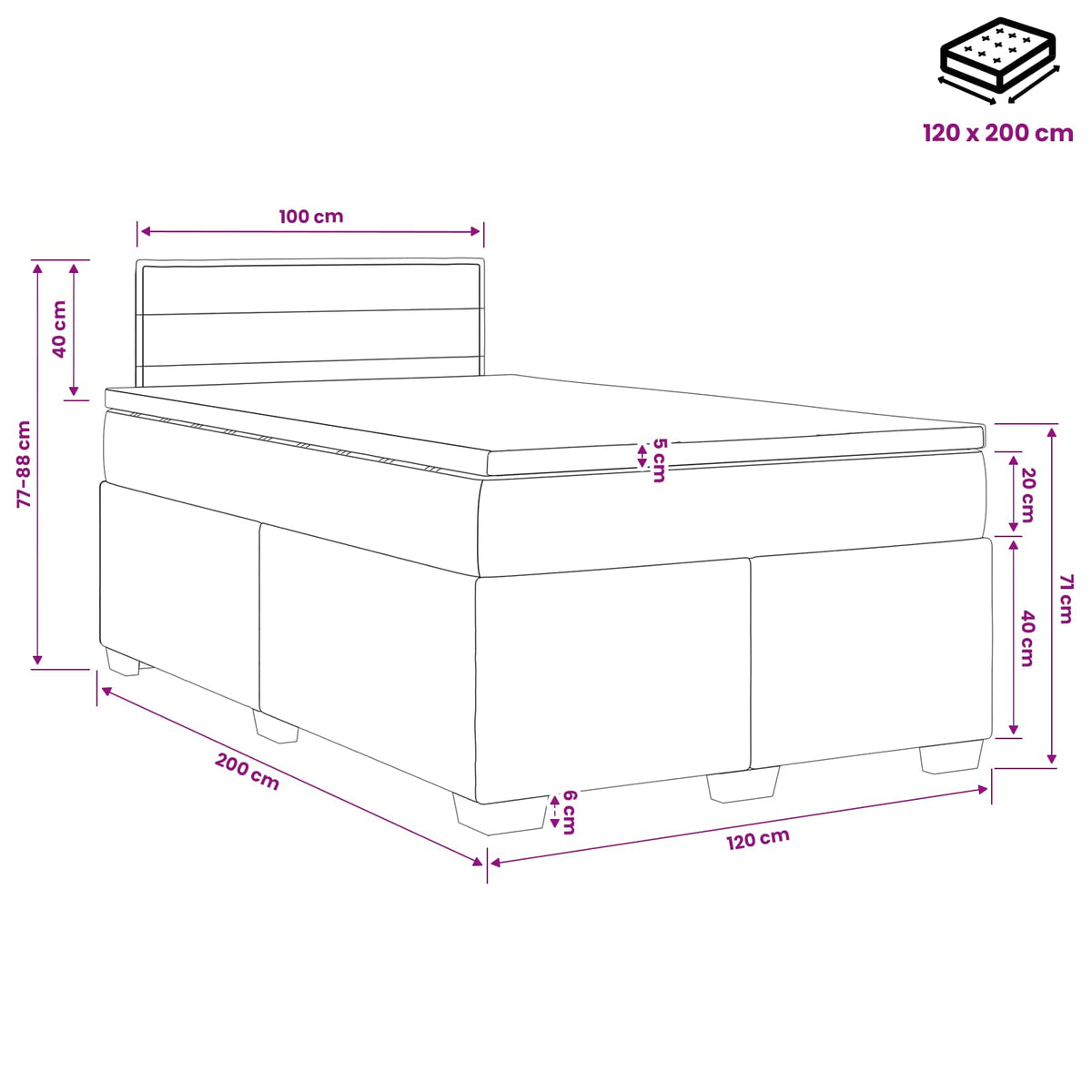 Boxmadras med topmadras med hovedgærde Sort 120 x 200 cm Stof