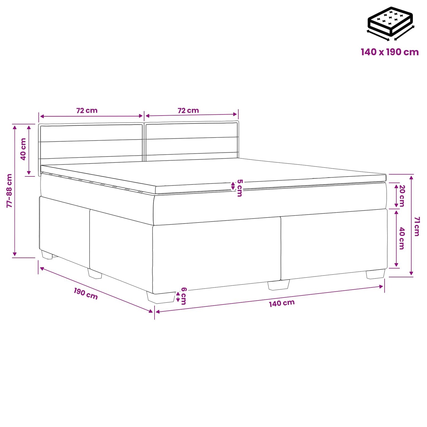 Boxmadras med topmadras med hovedgærde Sort 140 x 190 cm Stof