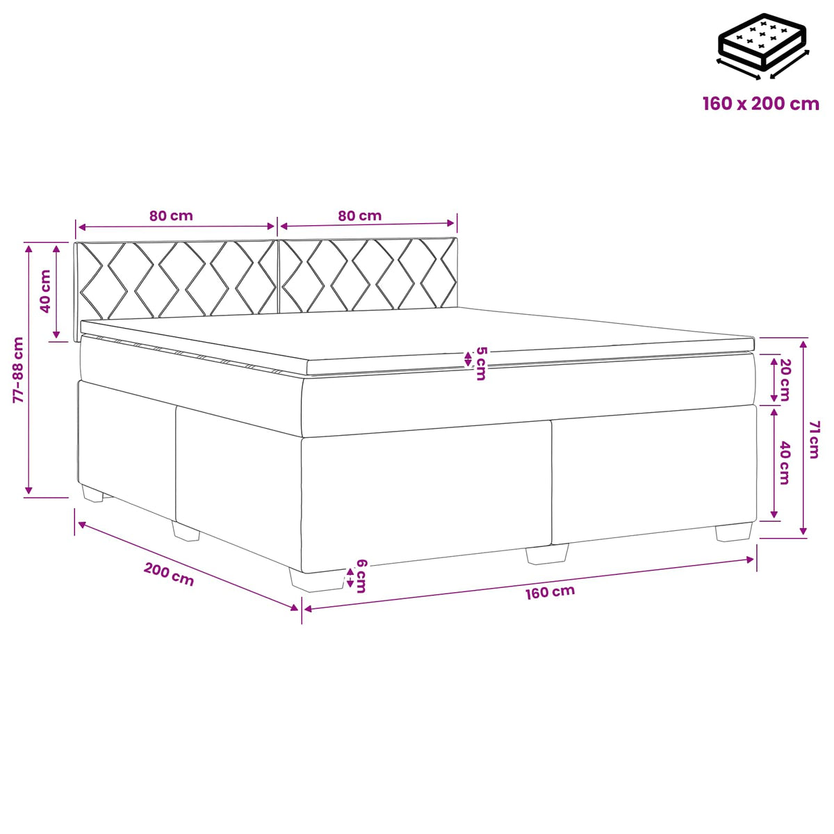 Boxmadras med topmadras med hovedgærde Sort 160 x 200 cm Stof