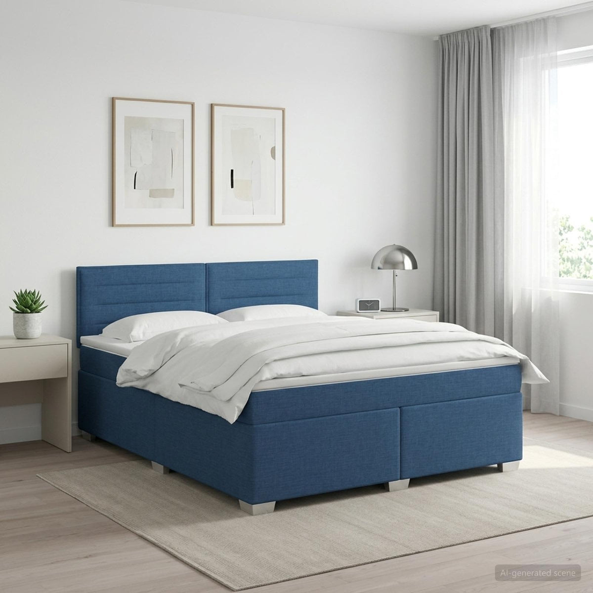 Boxmadras med topmadras med hovedgærde Blå 160 x 200 cm Stof