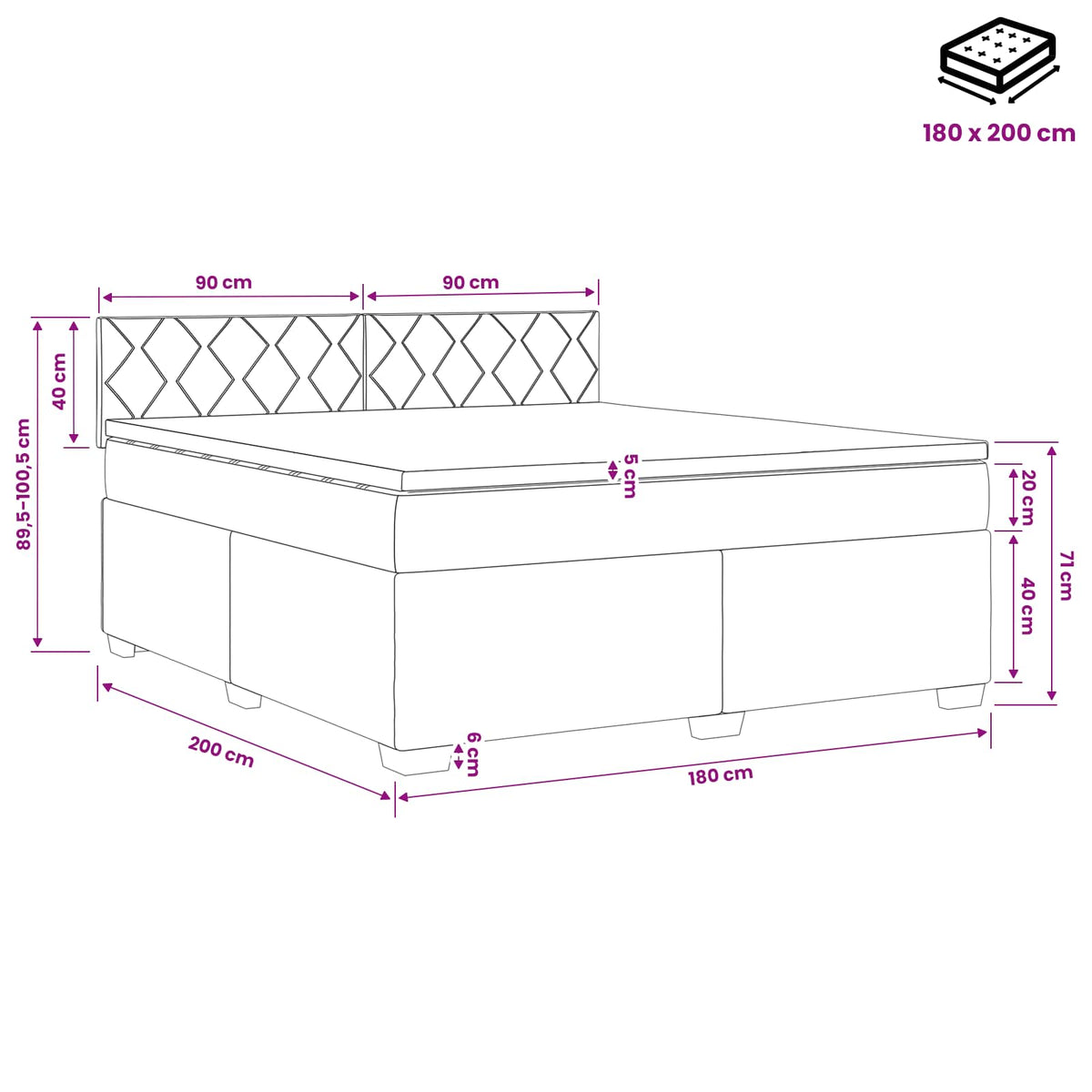 Boxmadras med topmadras med hovedgærde Sort 180 x 200 cm Stof