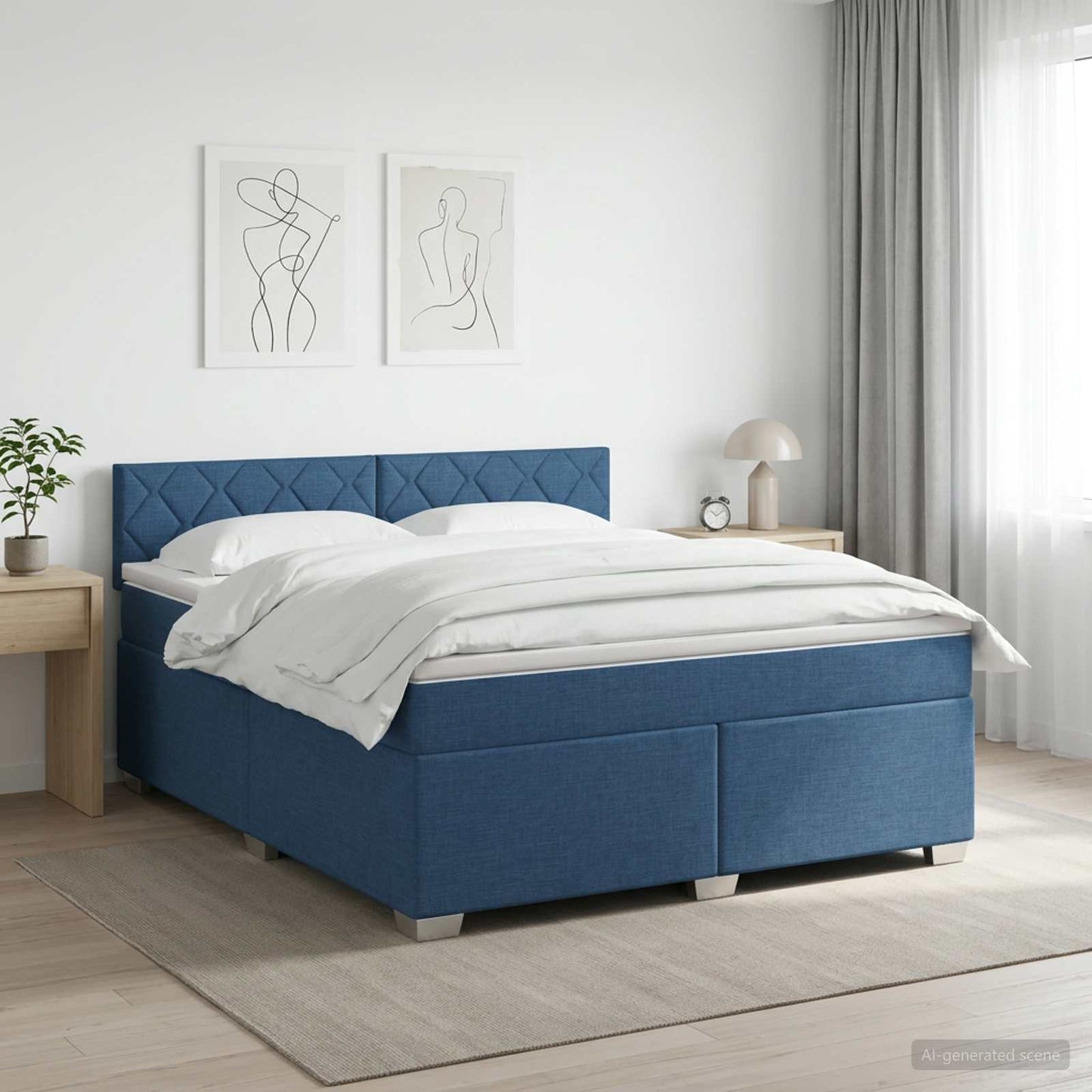 Boxmadras med topmadras med hovedgærde Blå 180 x 200 cm Stof