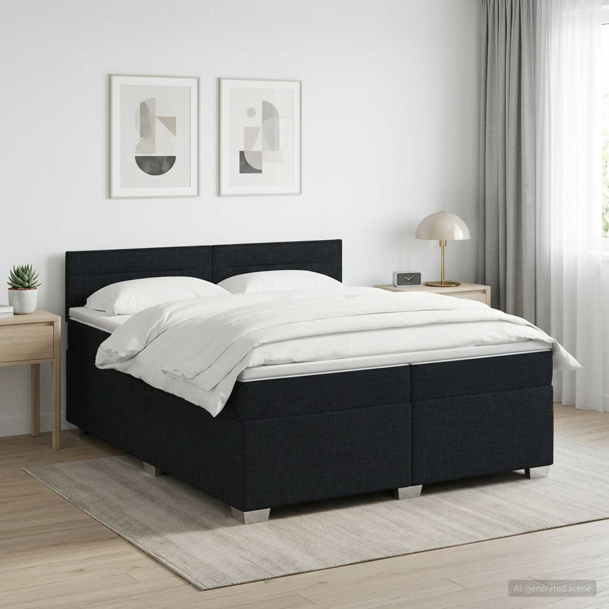 Boxmadras med topmadras med hovedgærde Sort 200 x 200 cm Stof