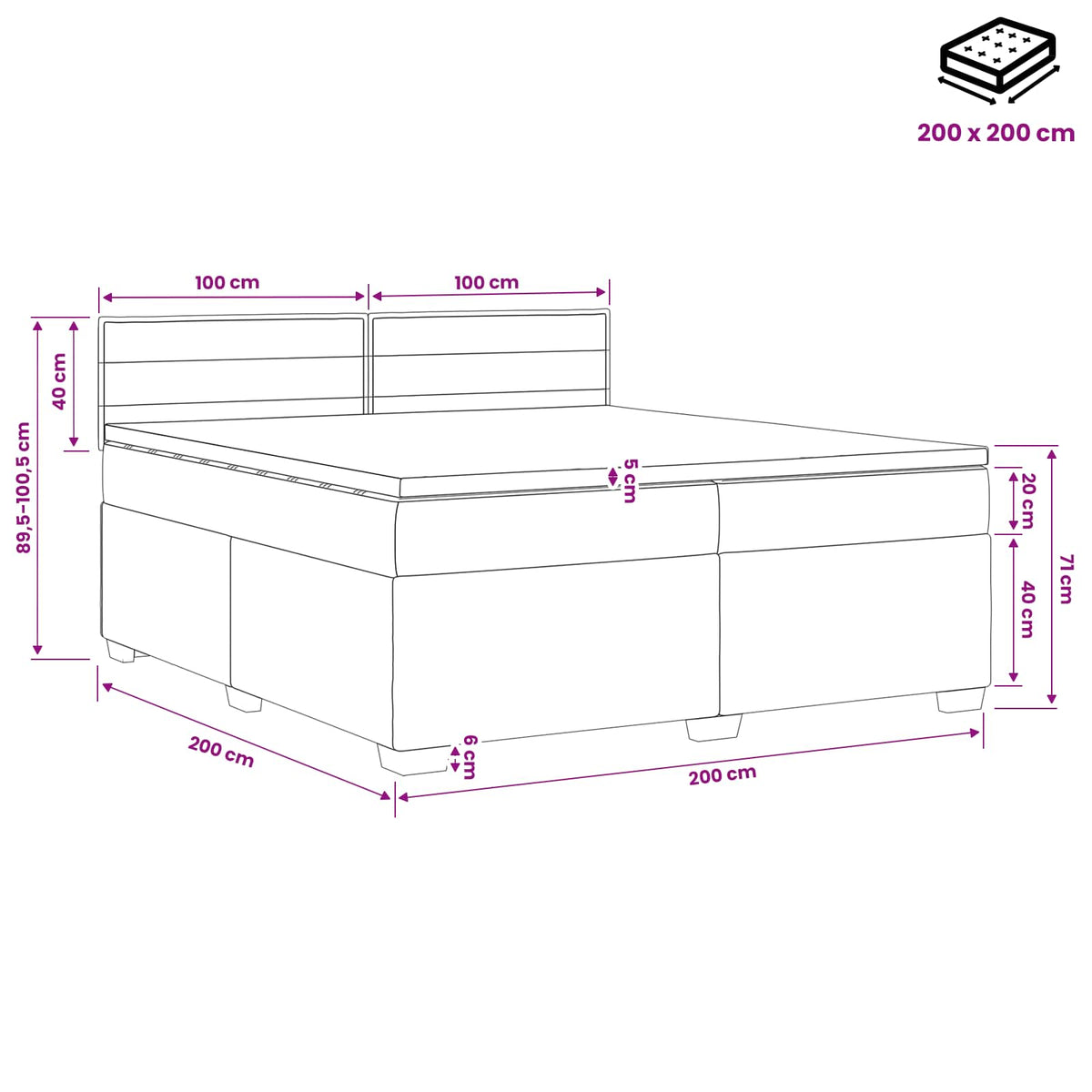 Boxmadras med topmadras Gråbrun 200 x 200 cm Stof