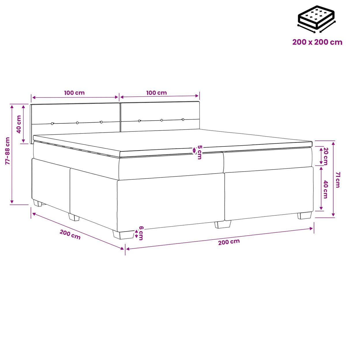 Boxmadras med topmadras Mørkegrå 200 x 200 cm Stof
