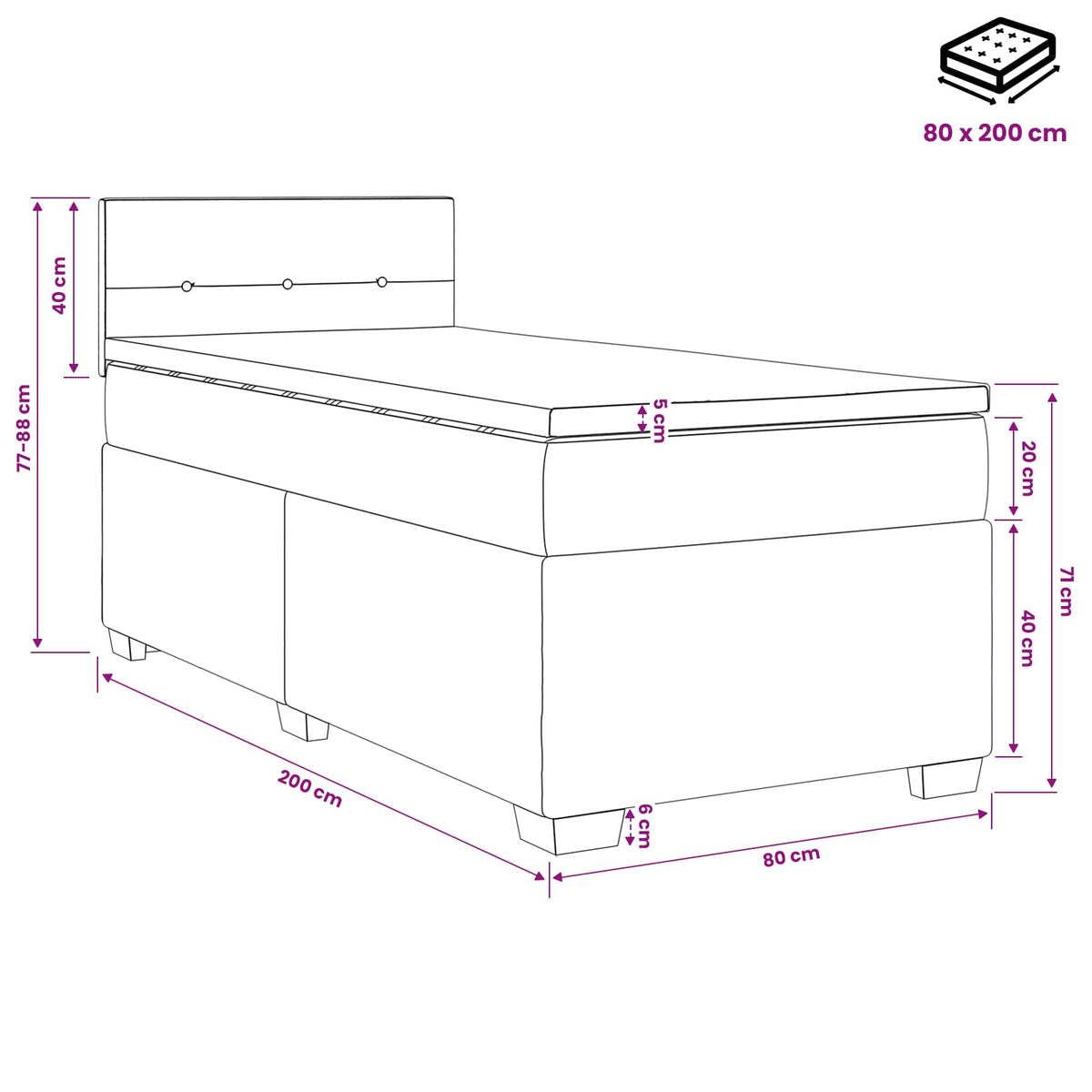 Boxmadras med topmadras Lysegrå 80 x 200 cm Fløjl