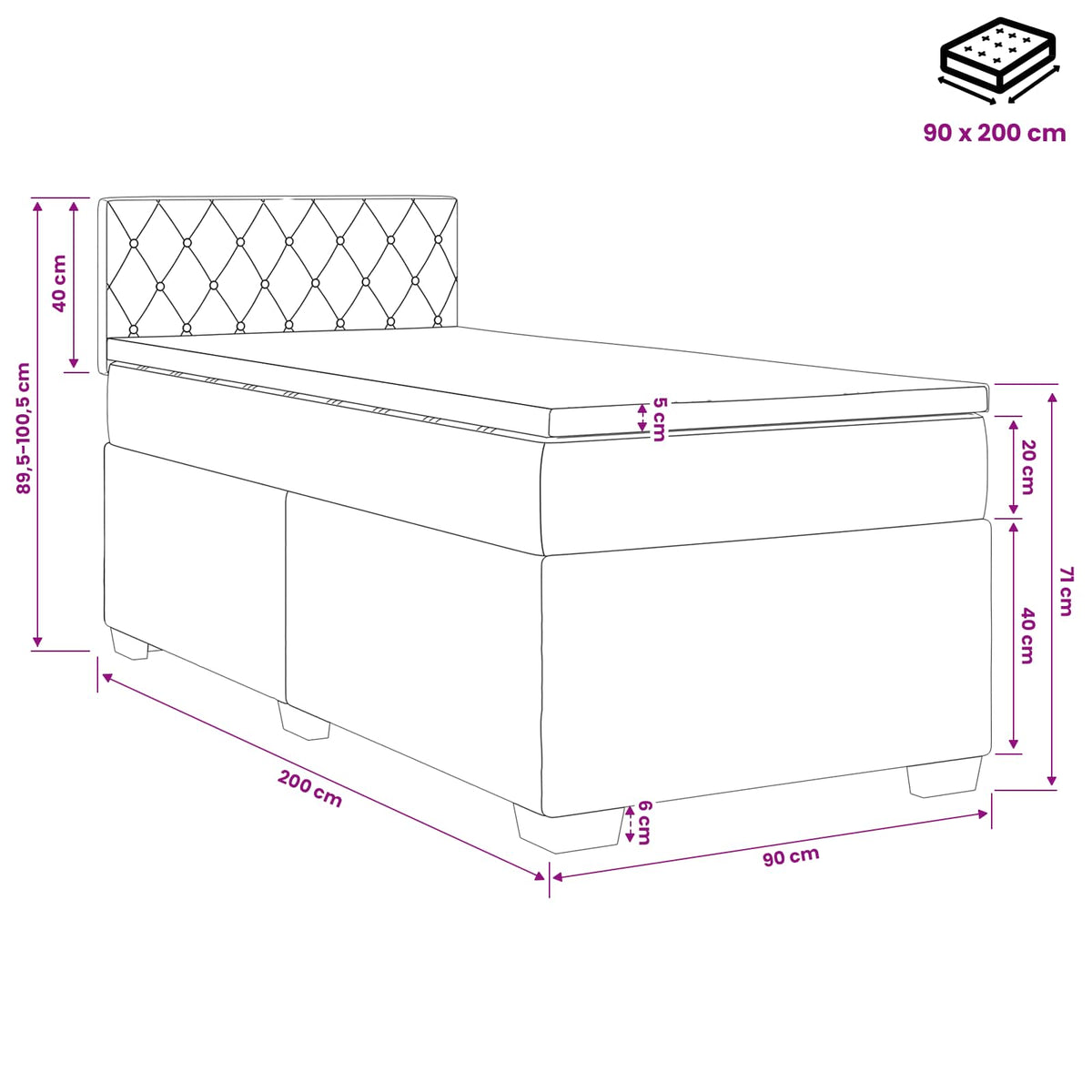 Boxmadras med topmadras Lyserød 90 x 200 cm Fløjl