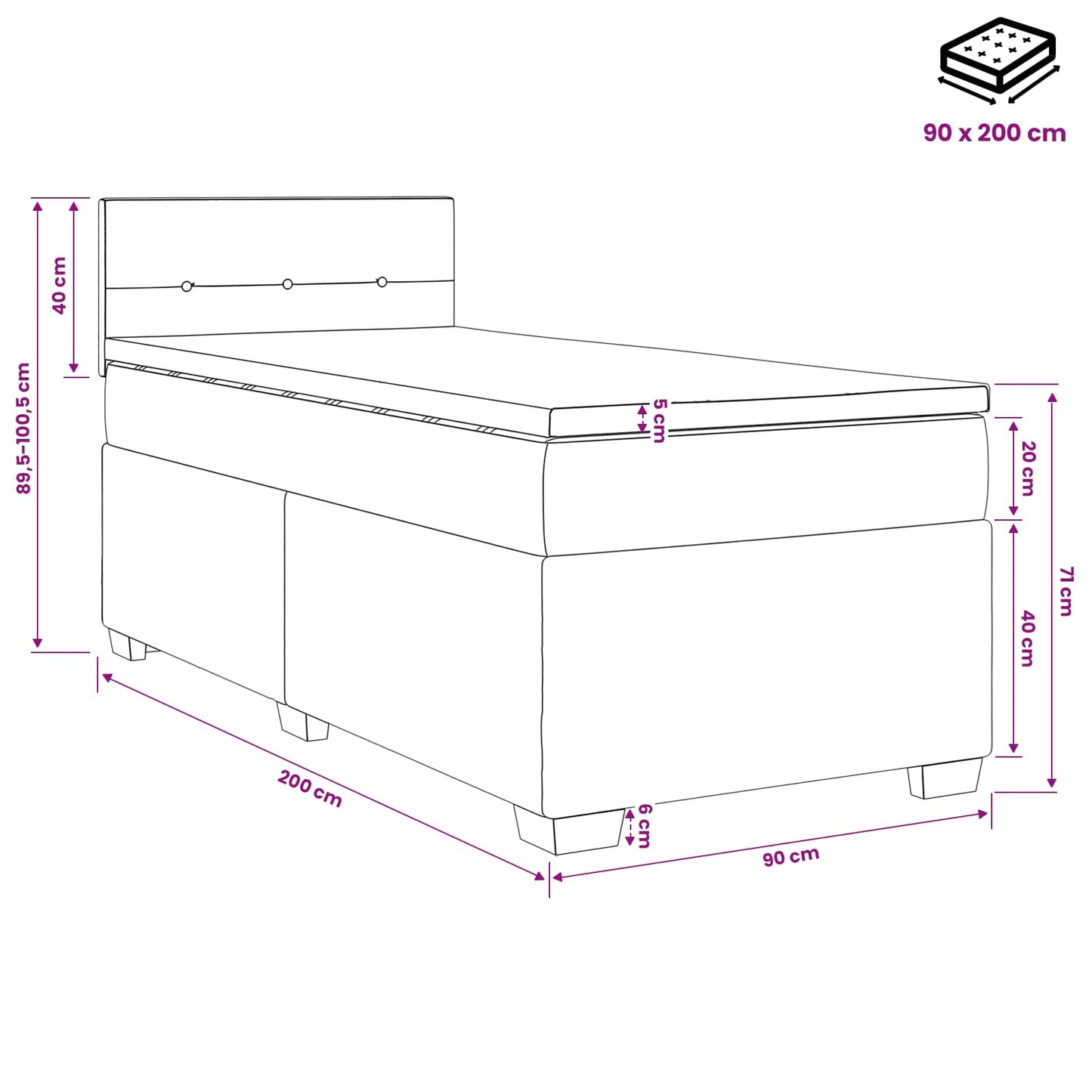 Boxmadras med topmadras Lyserød 90 x 200 cm Fløjl